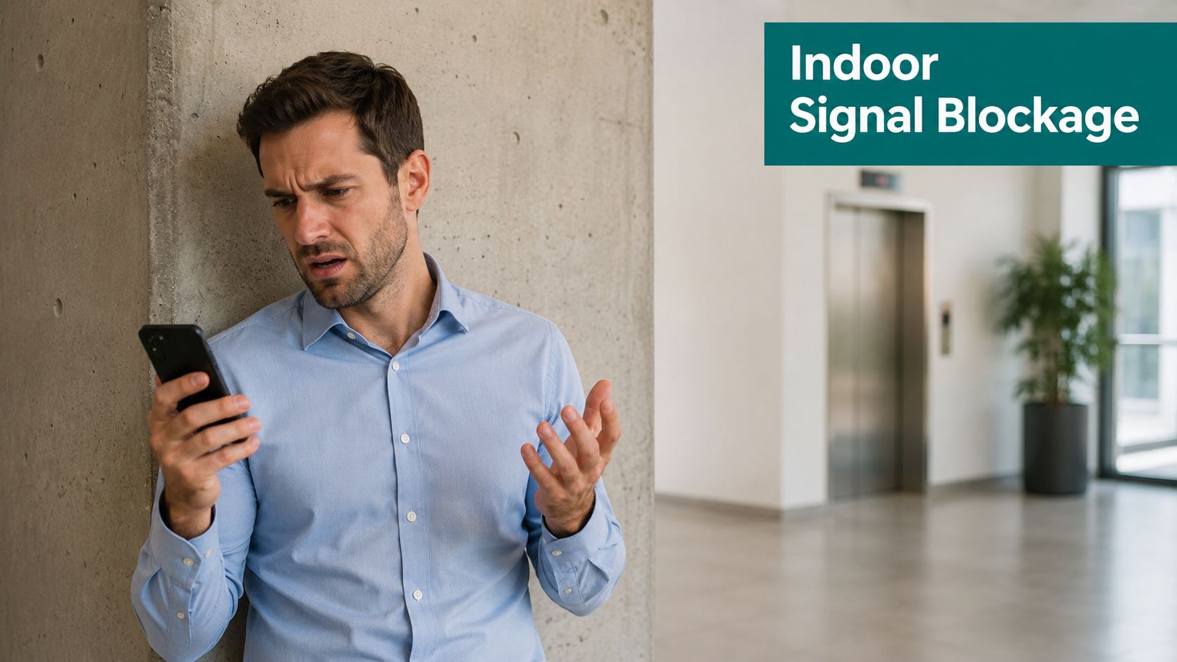 A man in a blue shirt looks frustrated while checking his mobile phone signal indoors.