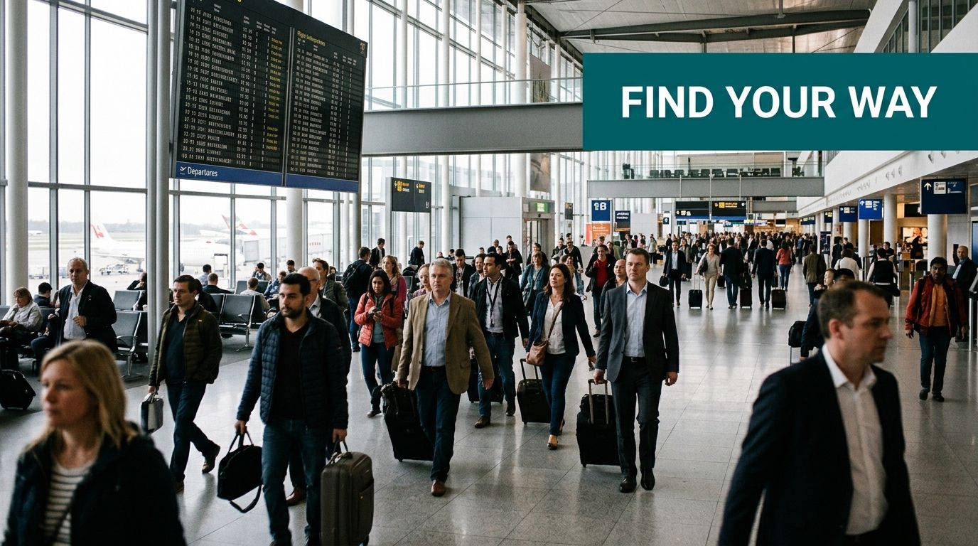 A busy airport terminal with diverse travelers walking through a large, modern hall with departure information screens.