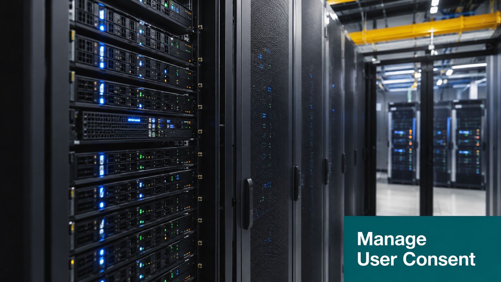 Rows of server racks in a modern data center with blue status indicator lights blinking.
