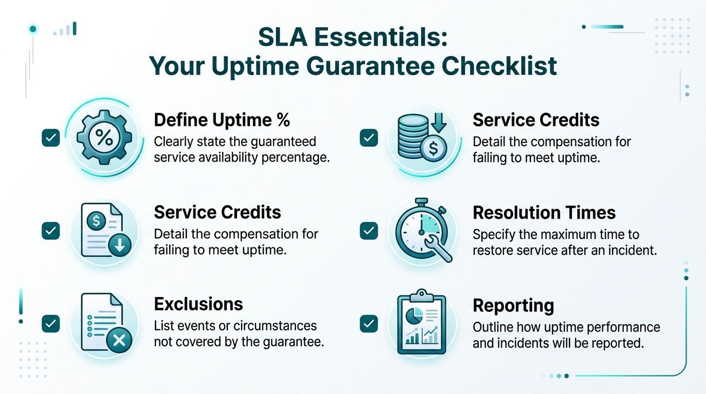 A checklist infographic titled SLA Essentials outlining key components of an uptime guarantee policy for businesses.