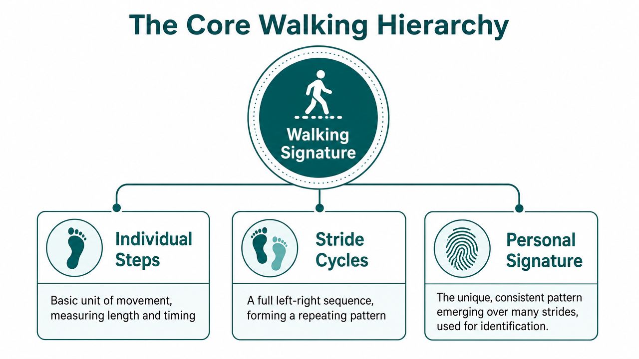 A diagram titled The Core Walking Hierarchy showing the transition from individual steps to stride cycles and personal signatures.