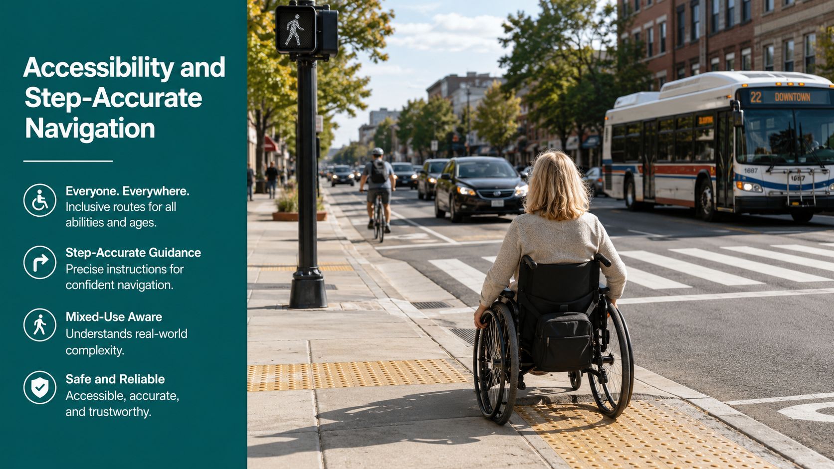 A person in a wheelchair waits at a city street corner, illustrating accessible urban navigation technology.
