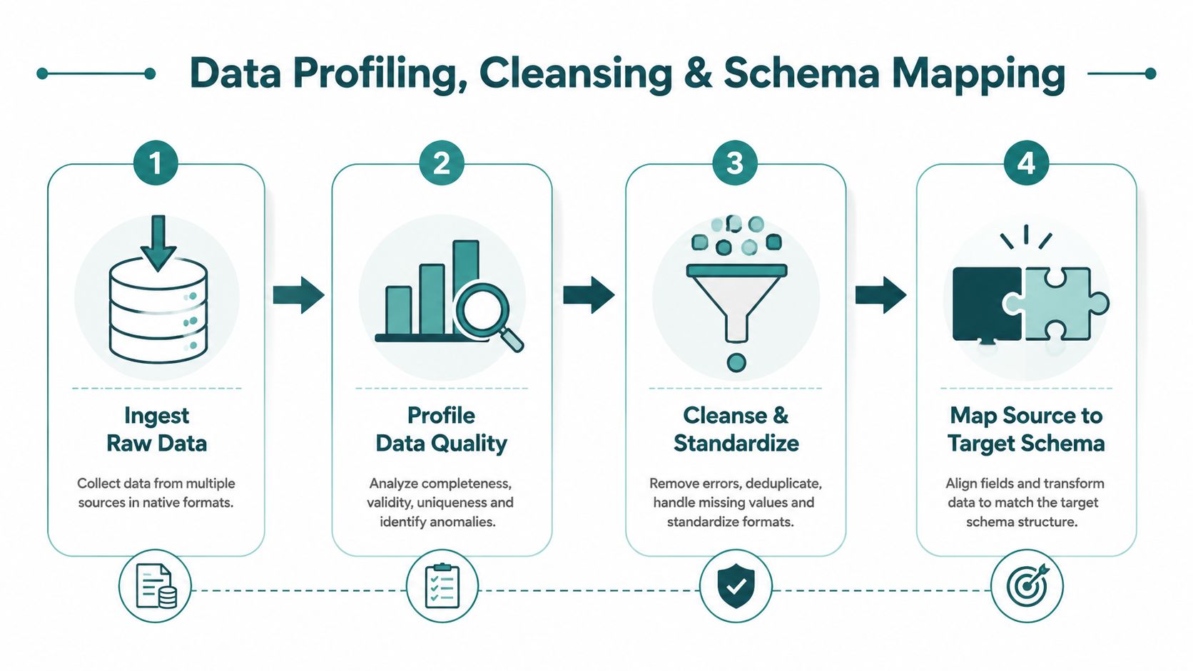 A four-step infographic illustrating the data migration process including ingestion, profiling, cleansing, and schema mapping.