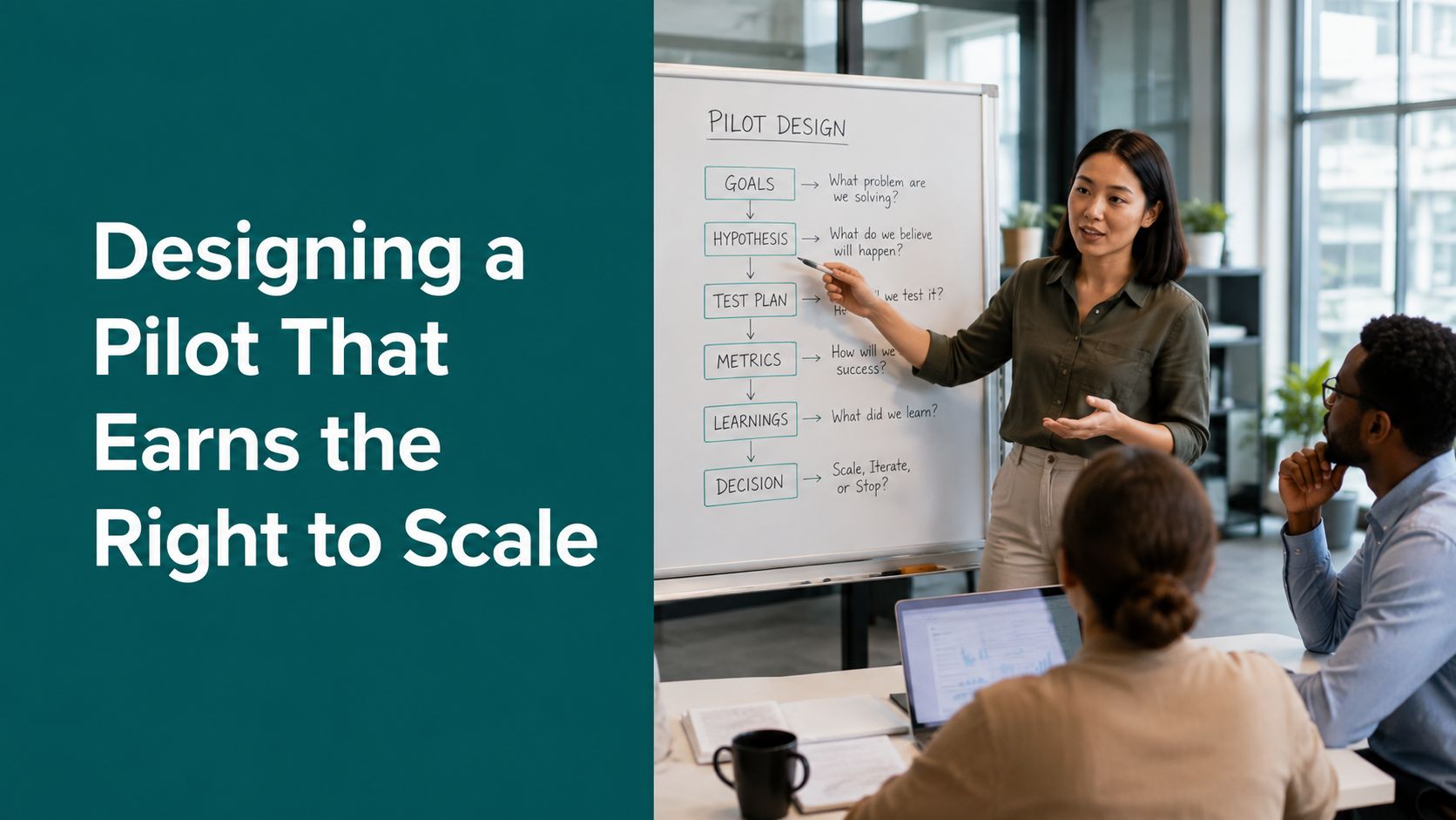 A professional woman presenting a pilot design framework on a whiteboard to her colleagues in an office.