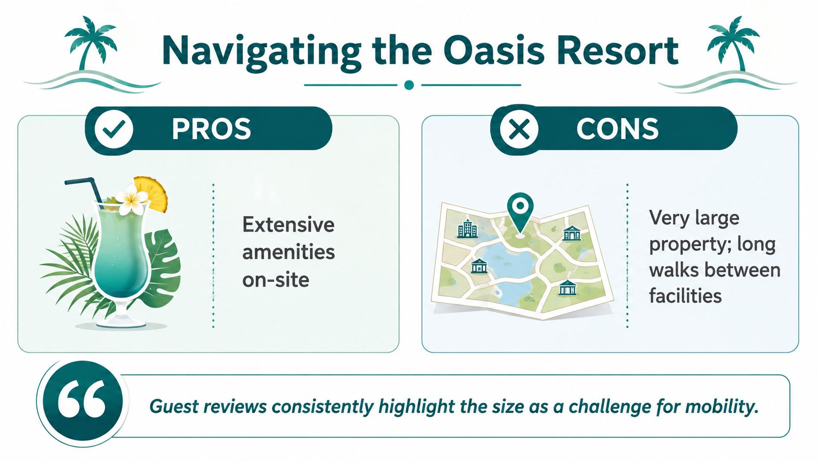An infographic titled Navigating the Oasis Resort highlighting pros and cons of the resort's size and amenities.