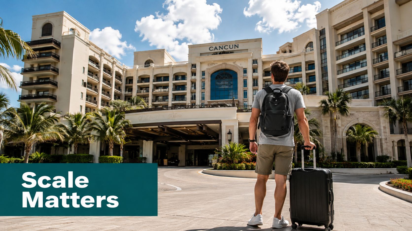 A traveler standing with a suitcase outside a grand hotel building in sunny Cancun, Mexico.