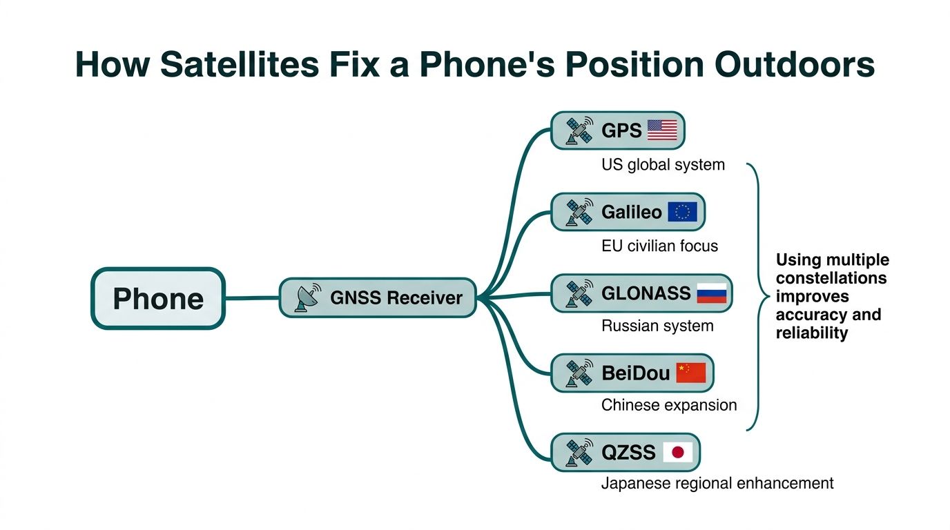 A diagram illustrating how a GNSS receiver in a mobile phone connects to multiple international satellite constellations.
