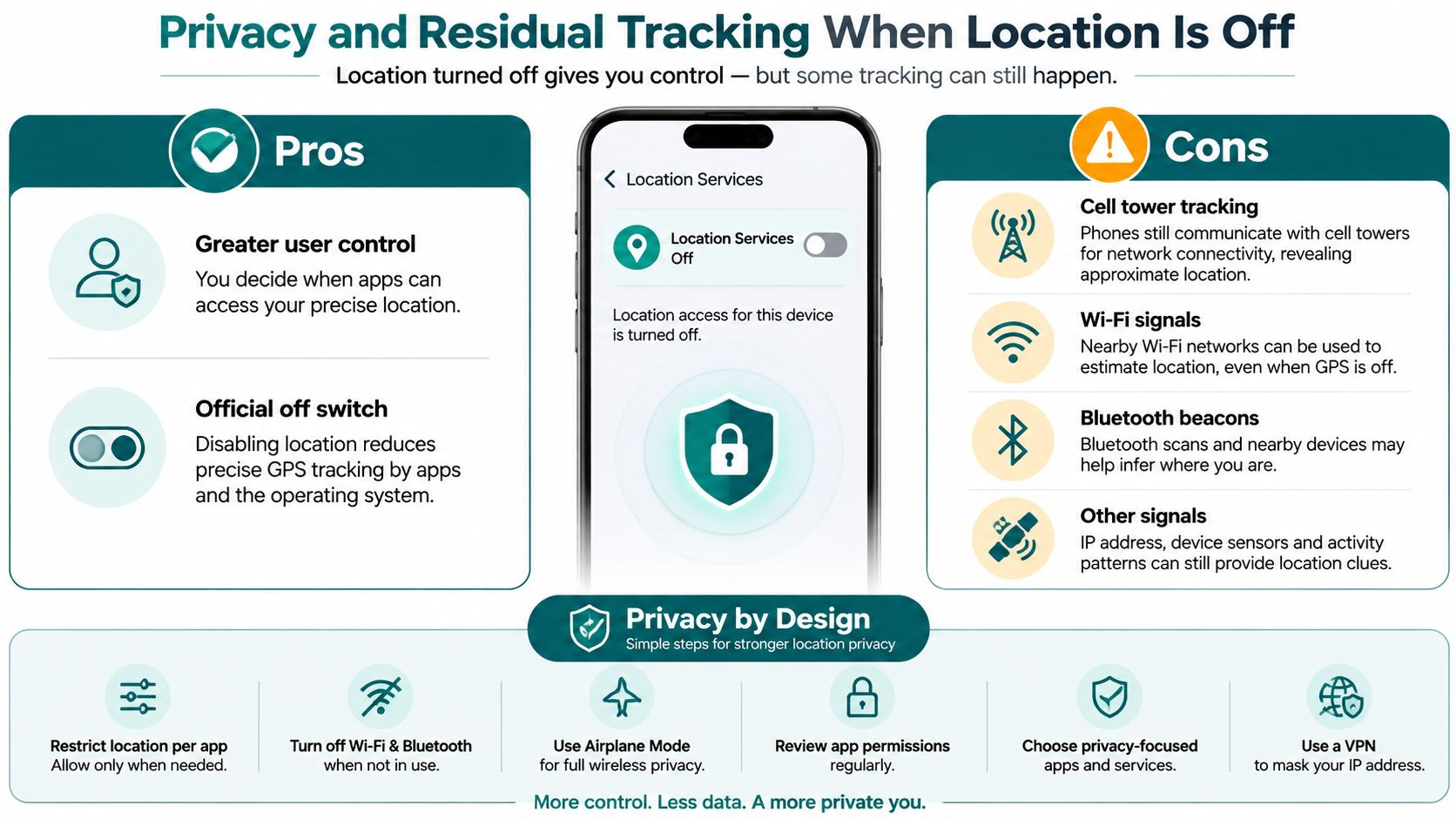 An infographic showing the pros and cons of turning off location services on a smartphone.