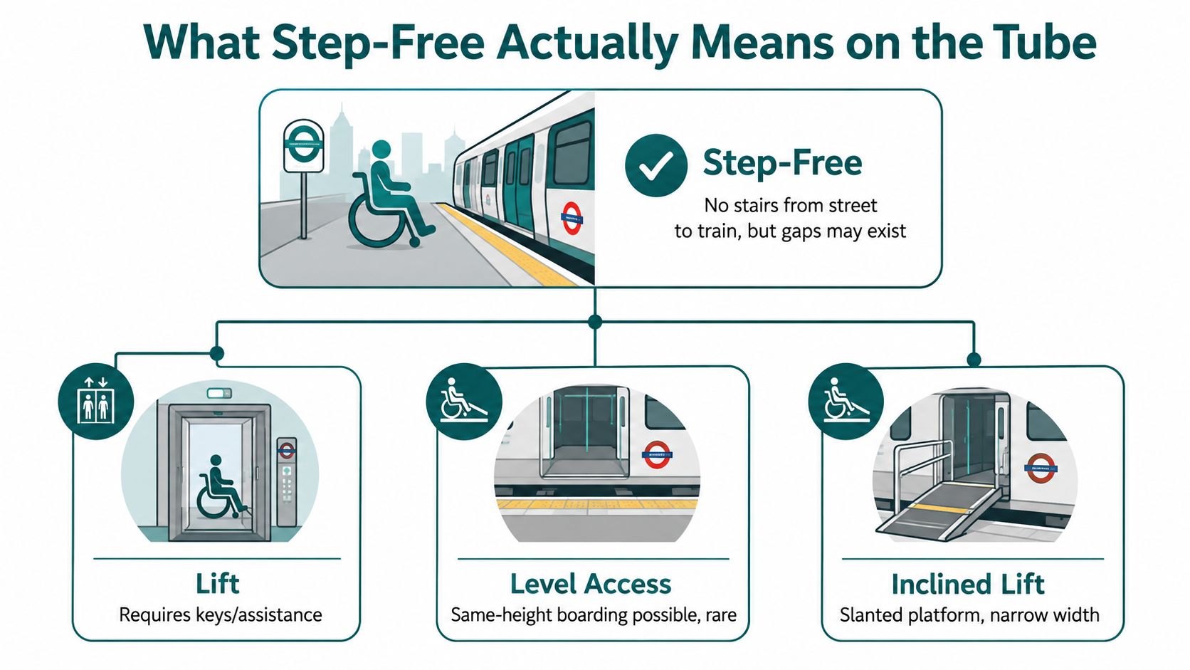 An infographic explaining step-free access options for wheelchair users on the London Underground train system.