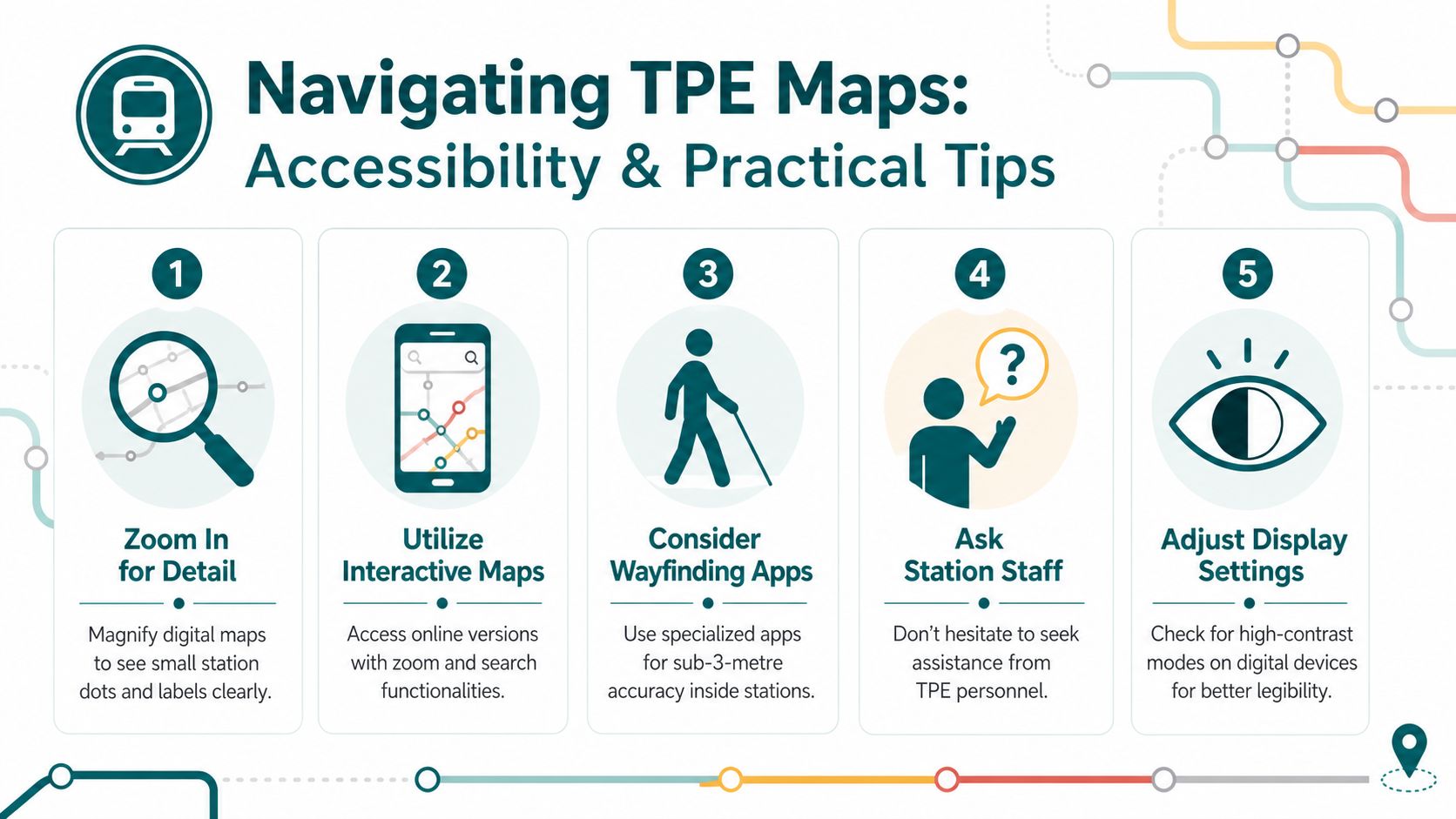 An infographic titled Navigating TPE Maps featuring five numbered tips for improving map accessibility and navigation.