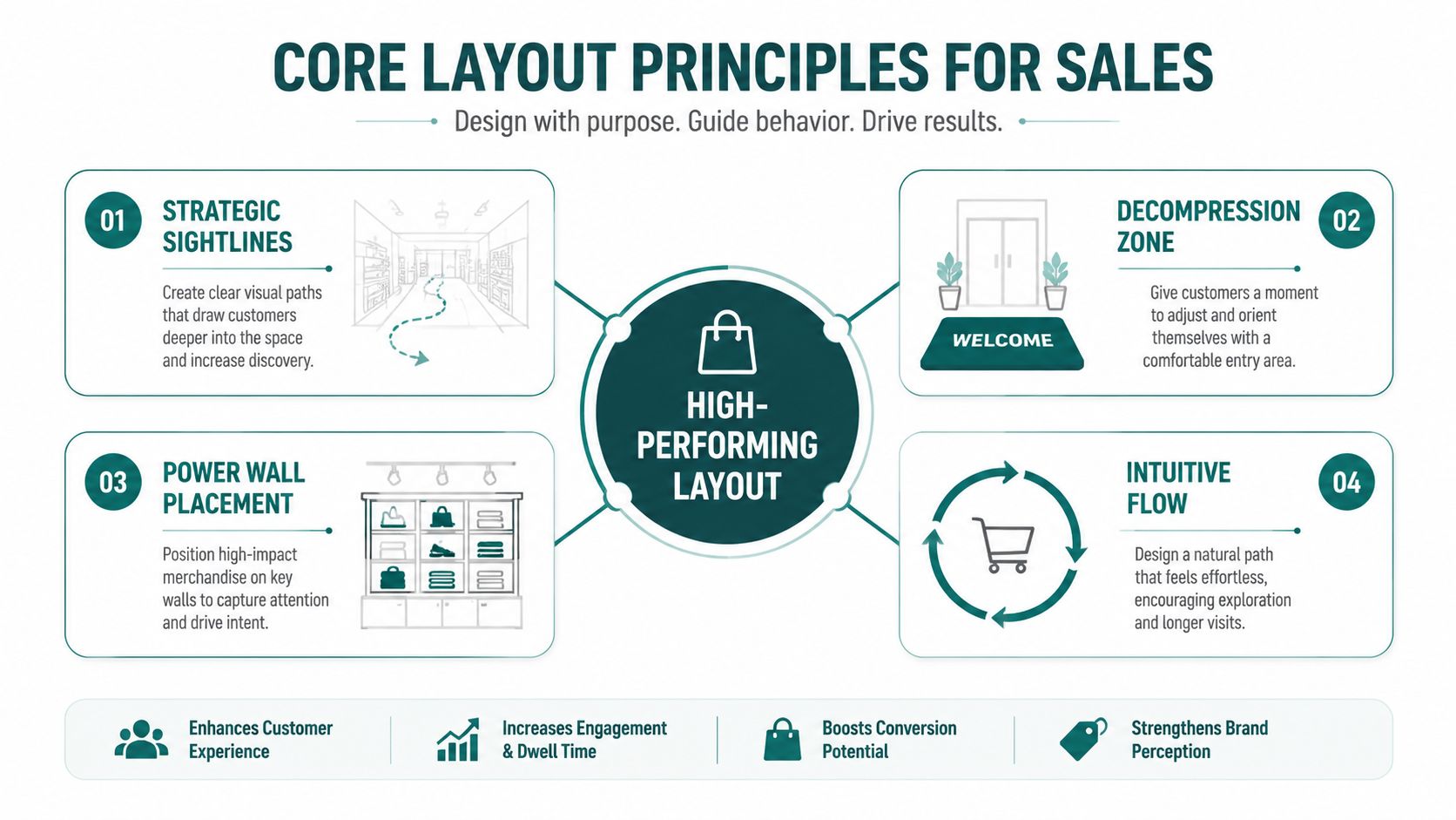 An infographic detailing four core principles for designing a high-performing retail store layout to boost sales results.