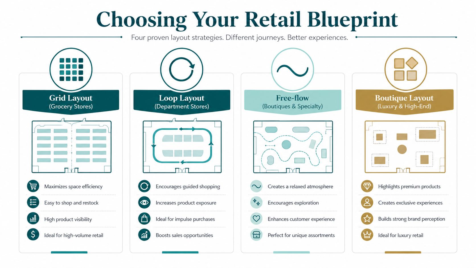 An infographic illustrating four types of retail store layouts: Grid, Loop, Free-flow, and Boutique with their benefits.