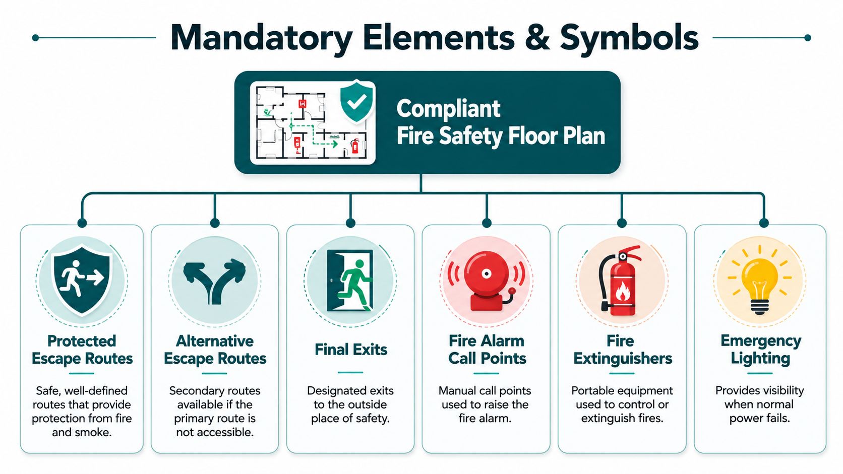An infographic detailing the mandatory symbols and elements required for a compliant fire safety floor plan.