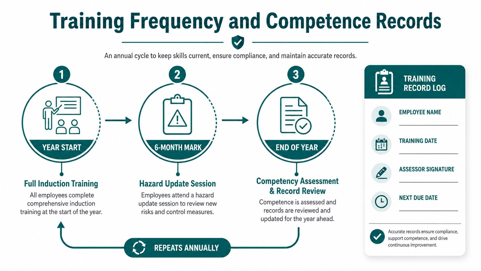 A diagram illustrating an annual employee training cycle, including induction, hazard updates, and competency assessments.