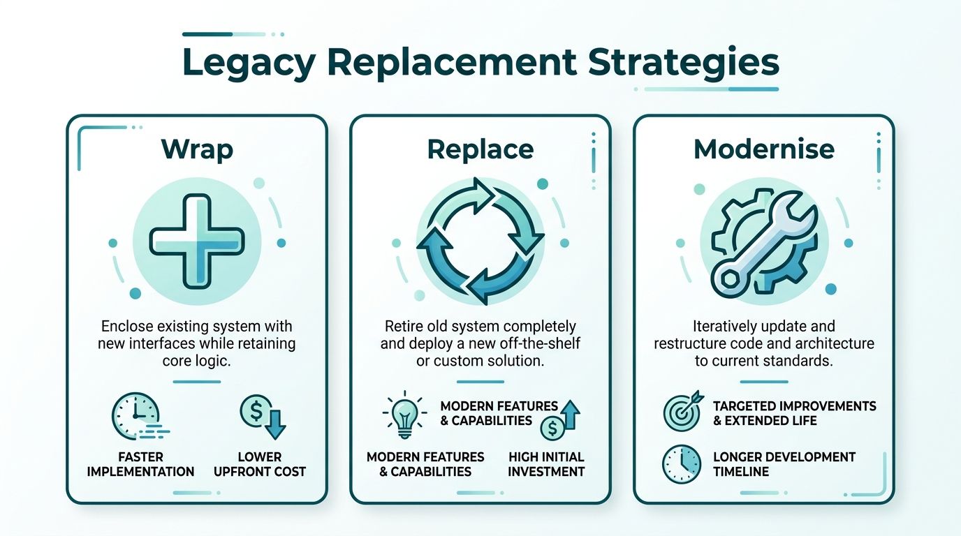 A diagram illustrating three legacy system replacement strategies: wrapping, replacing, and modernizing with their pros and cons.