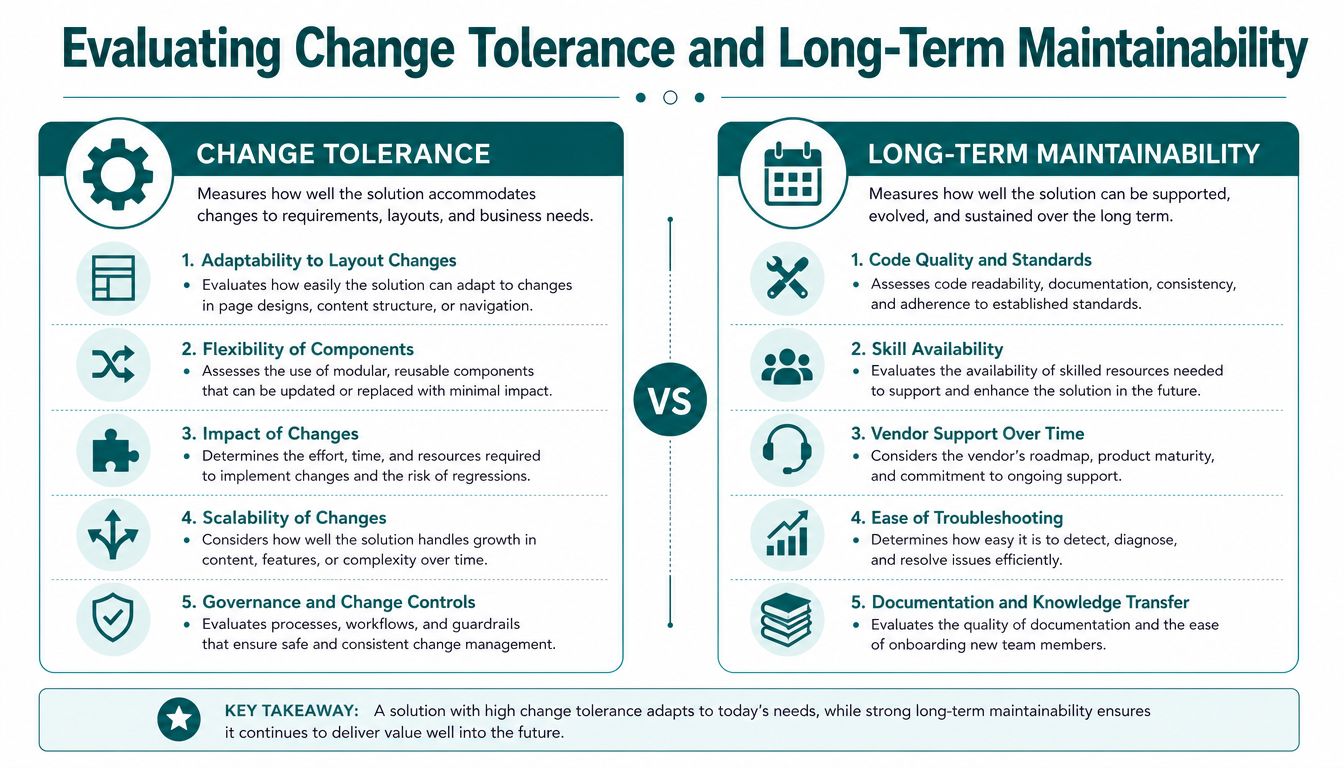 A professional infographic comparing factors for evaluating solution change tolerance versus long-term maintainability in business systems.