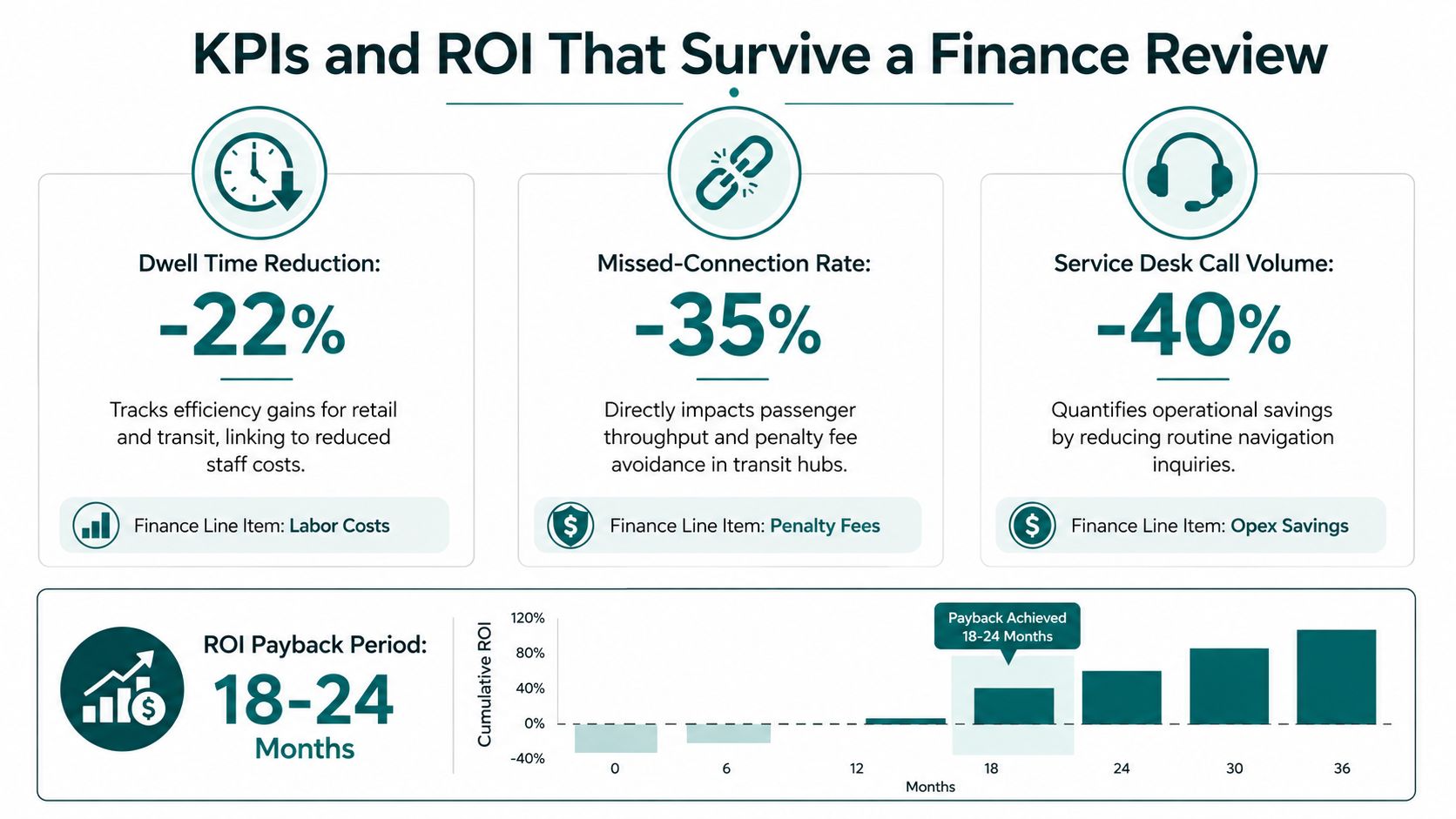 An infographic detailing KPIs, ROI metrics, and payback periods for professional wayfinding solutions in business environments.