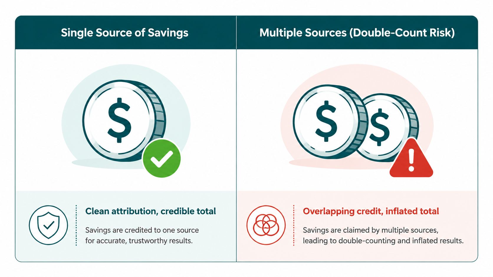A comparison chart showing single versus multiple sources of savings and the risk of double counting.