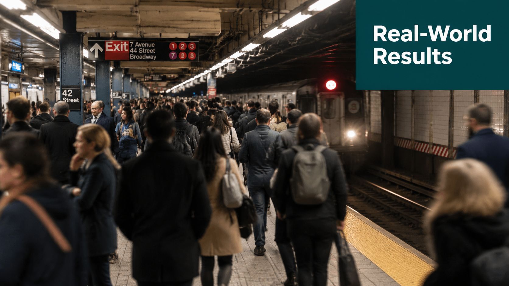 A crowded New York City subway platform filled with commuters waiting for an arriving underground train.