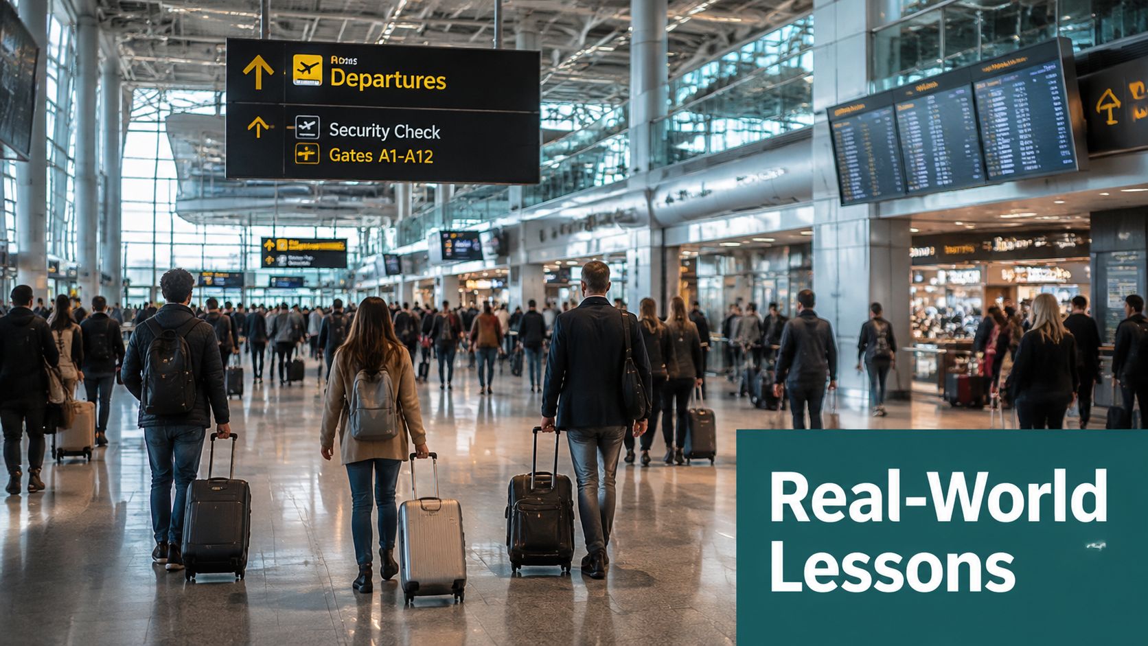 Passengers with suitcases walking through a bright and busy international airport terminal near departure signs.