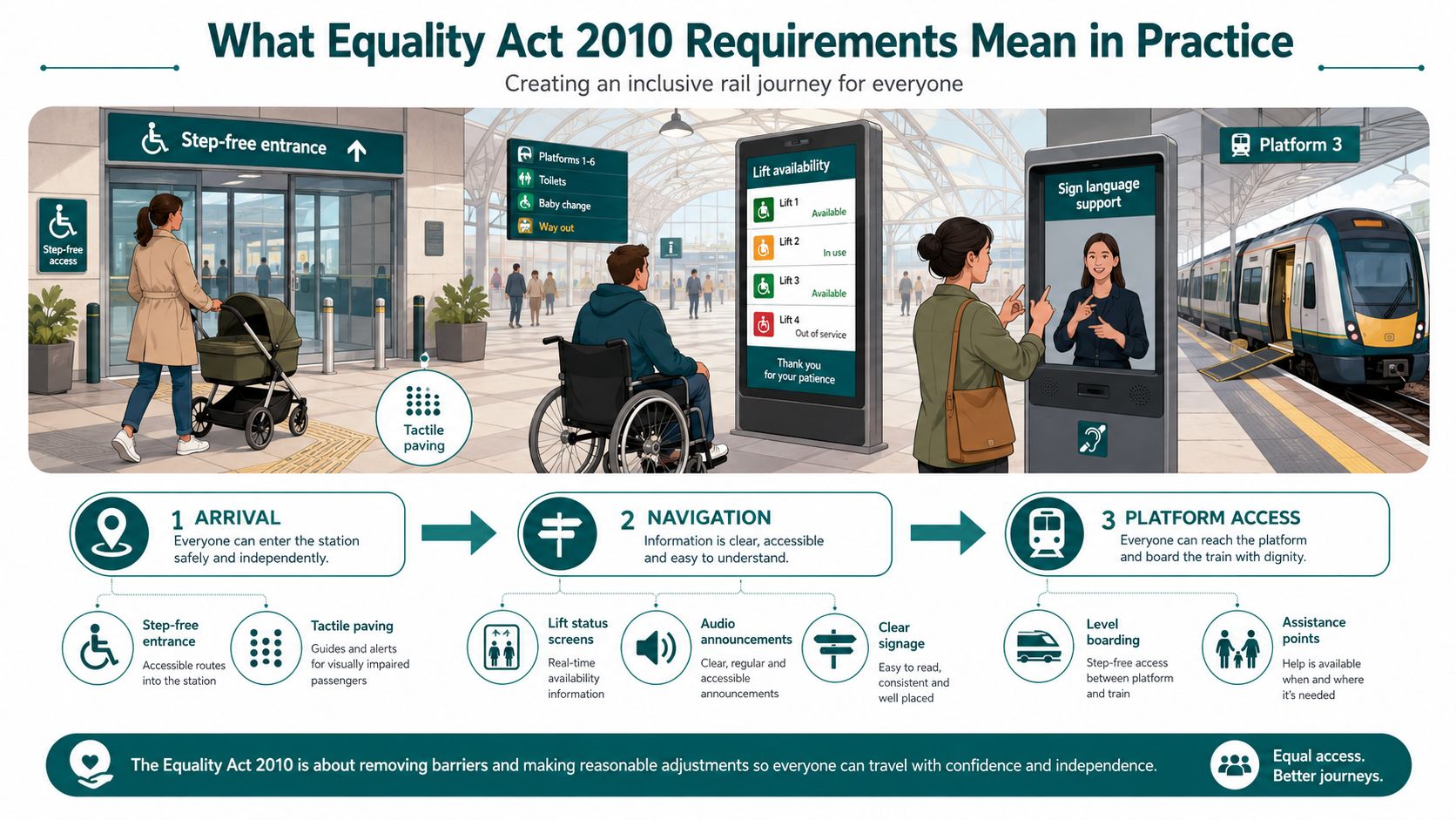 An illustration showing accessible railway station features to comply with the Equality Act 2010 requirements.