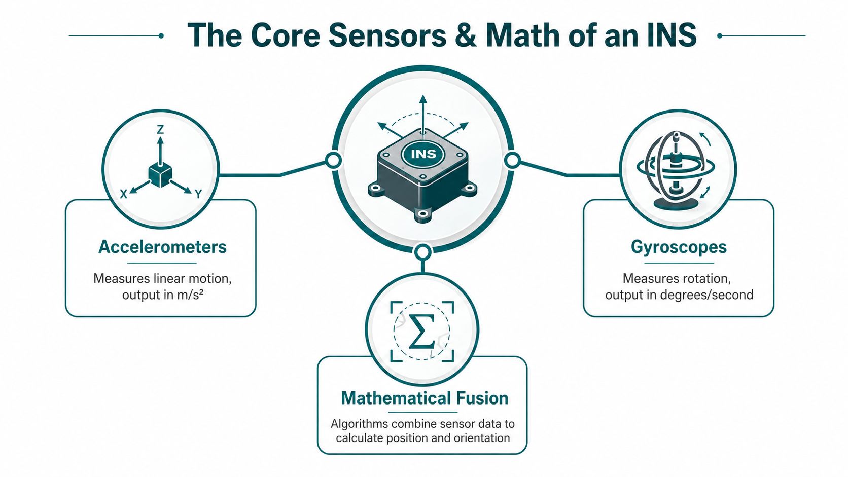 A diagram illustrating the core components of an Inertial Navigation System, including accelerometers, gyroscopes, and mathematical fusion.