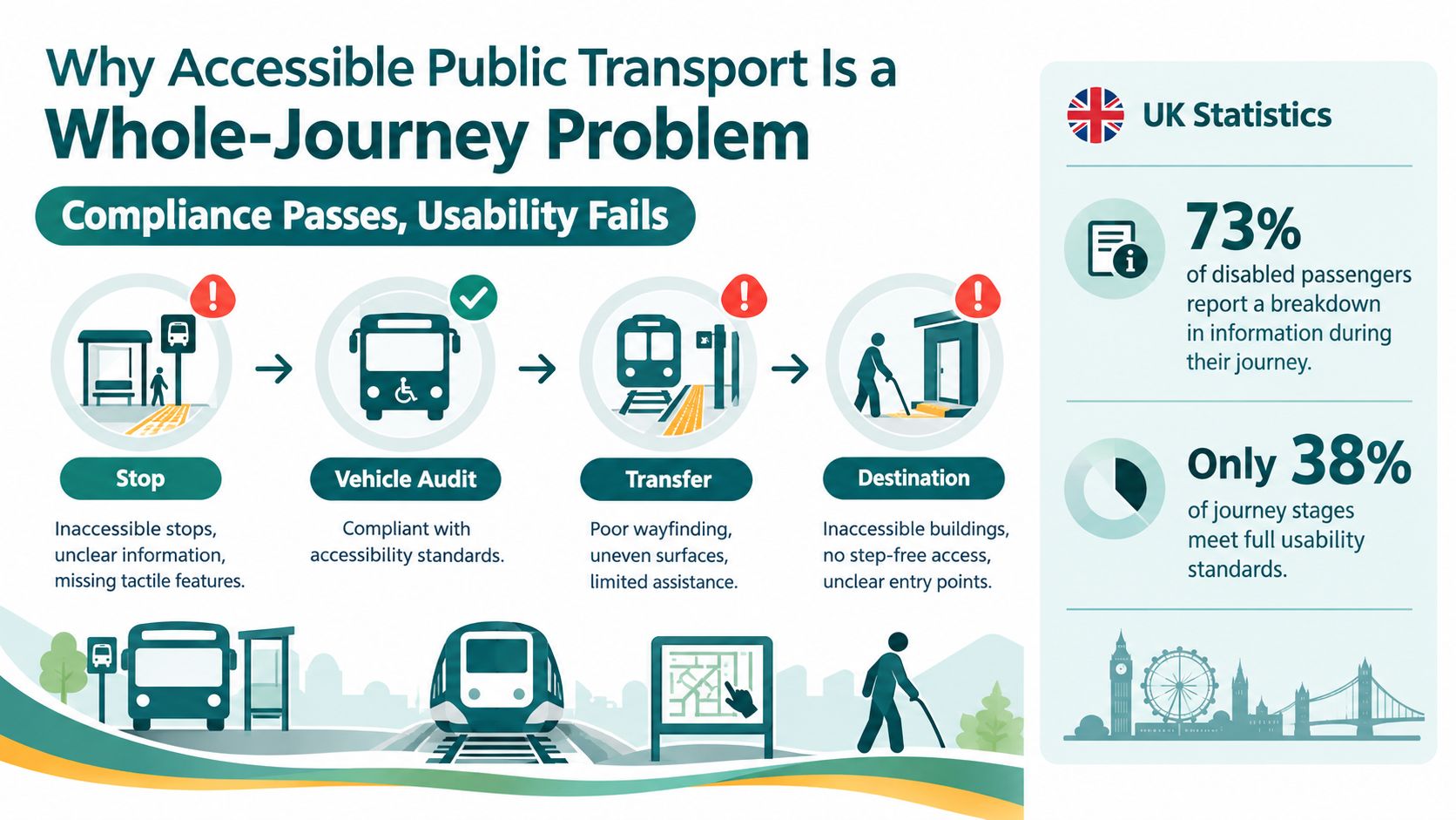 An infographic showing that accessible public transport is a whole-journey problem with UK statistics on disability accessibility.