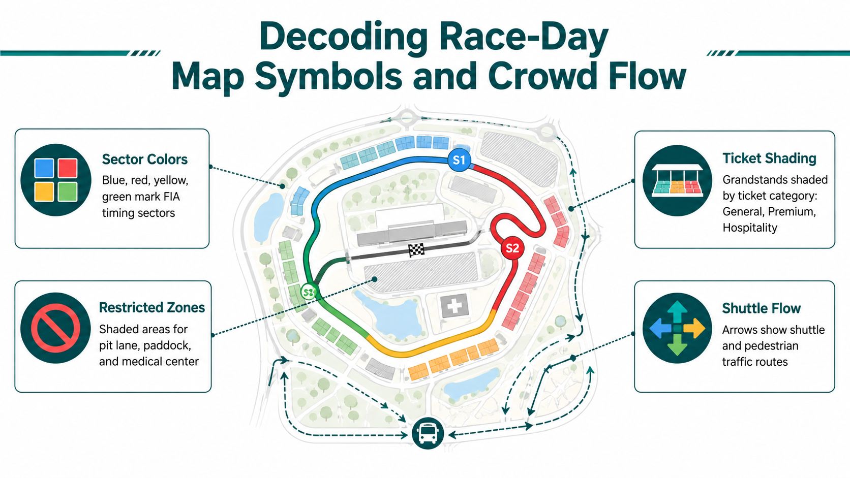 A map of the Abu Dhabi Grand Prix circuit displaying timing sectors, ticketed grandstands, and shuttle routes.