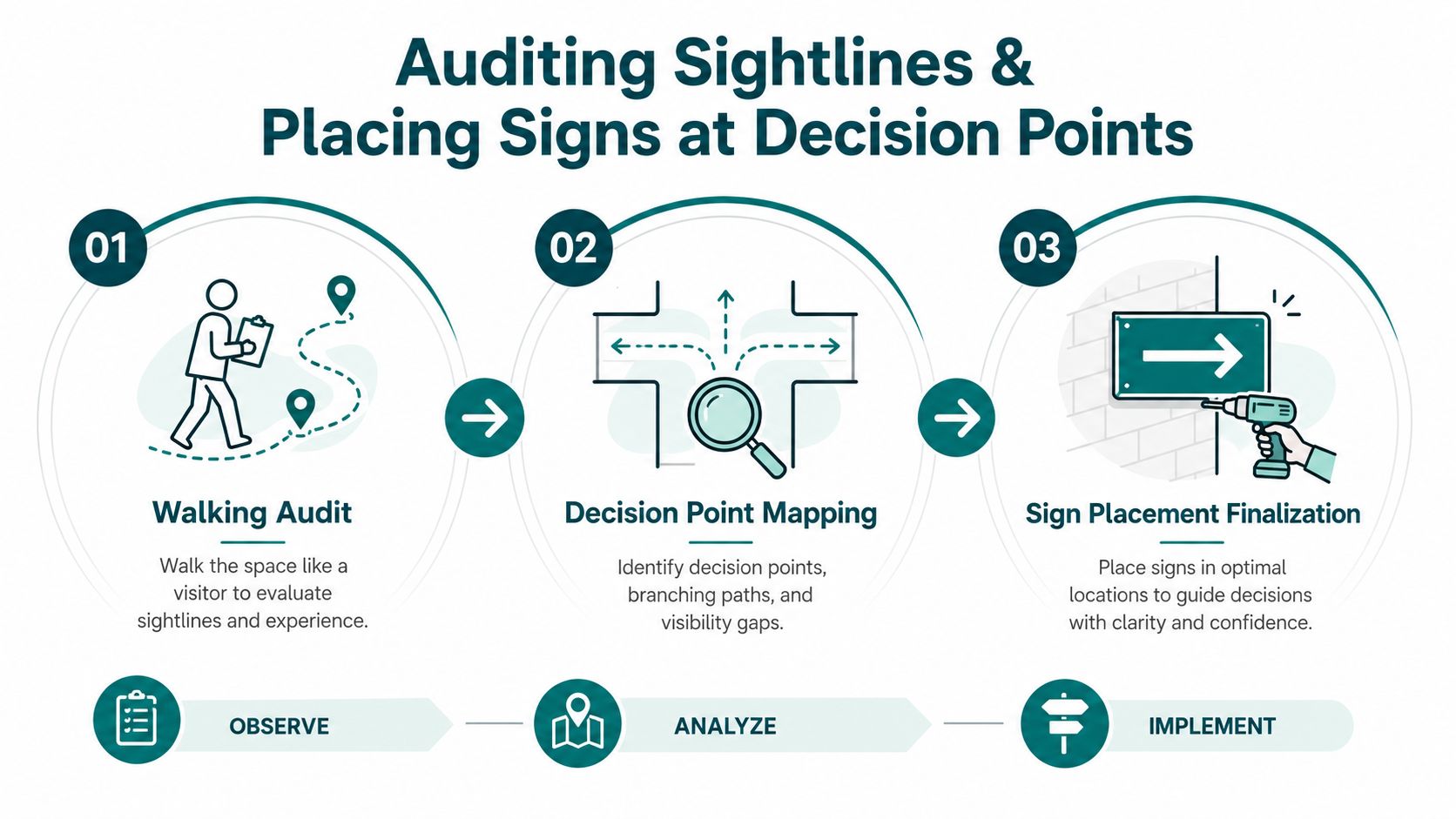 An infographic showing a three-step process for wayfinding signage design including auditing, mapping, and installation.