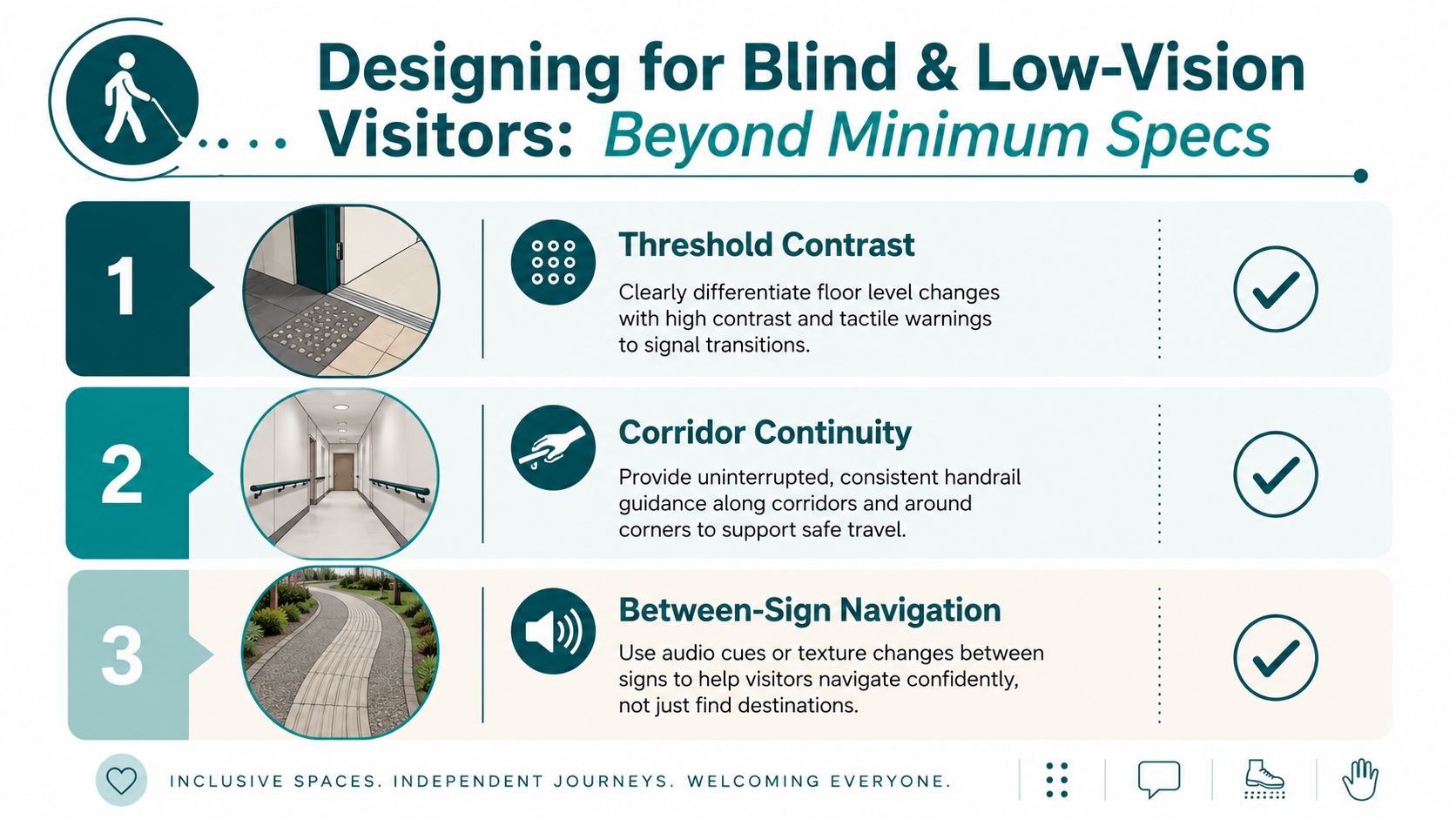 An infographic detailing three key design principles for improving accessibility for blind and low-vision visitors.