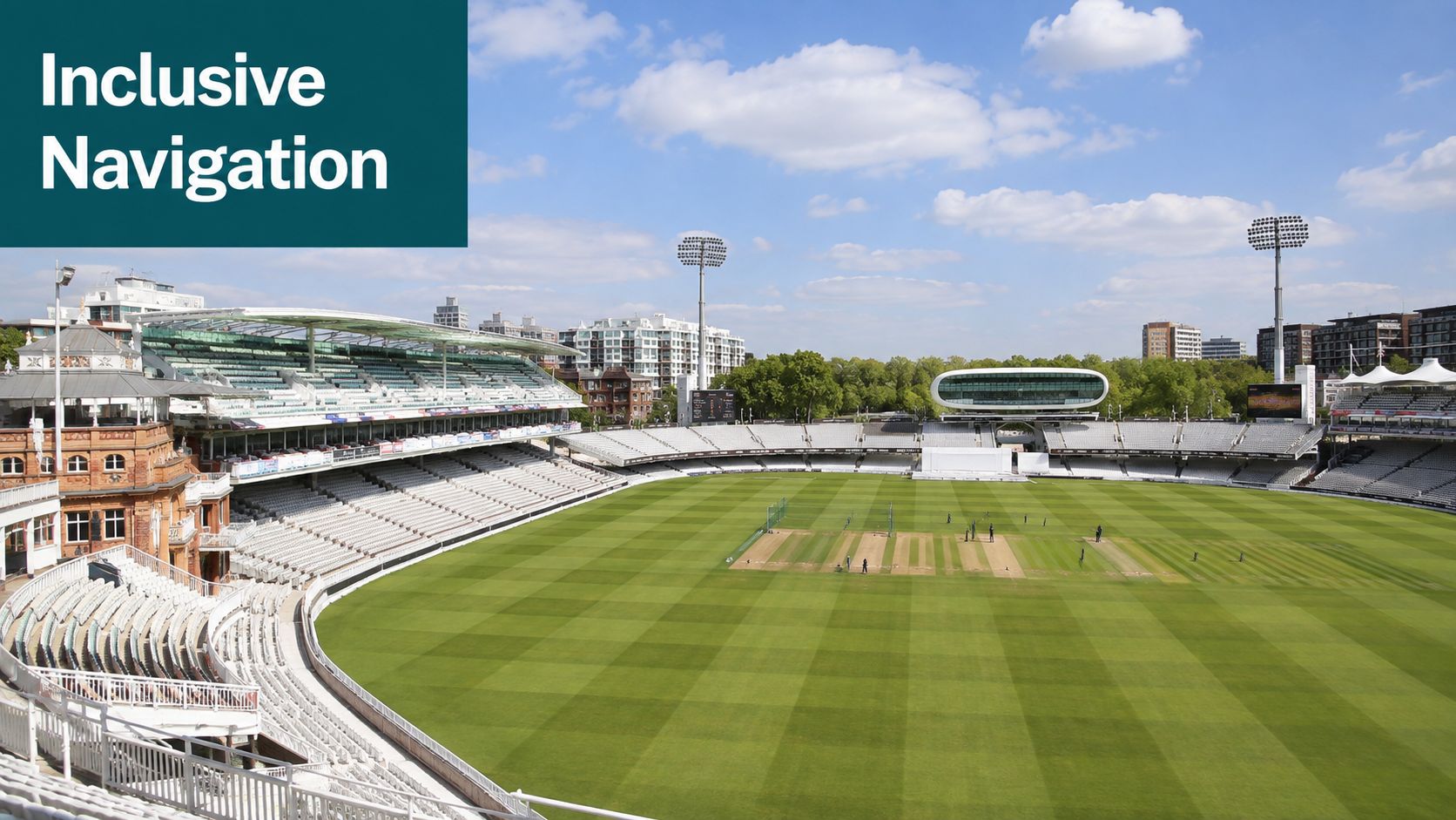 A wide angle view of the historic Lord's Cricket Ground in London on a sunny day.
