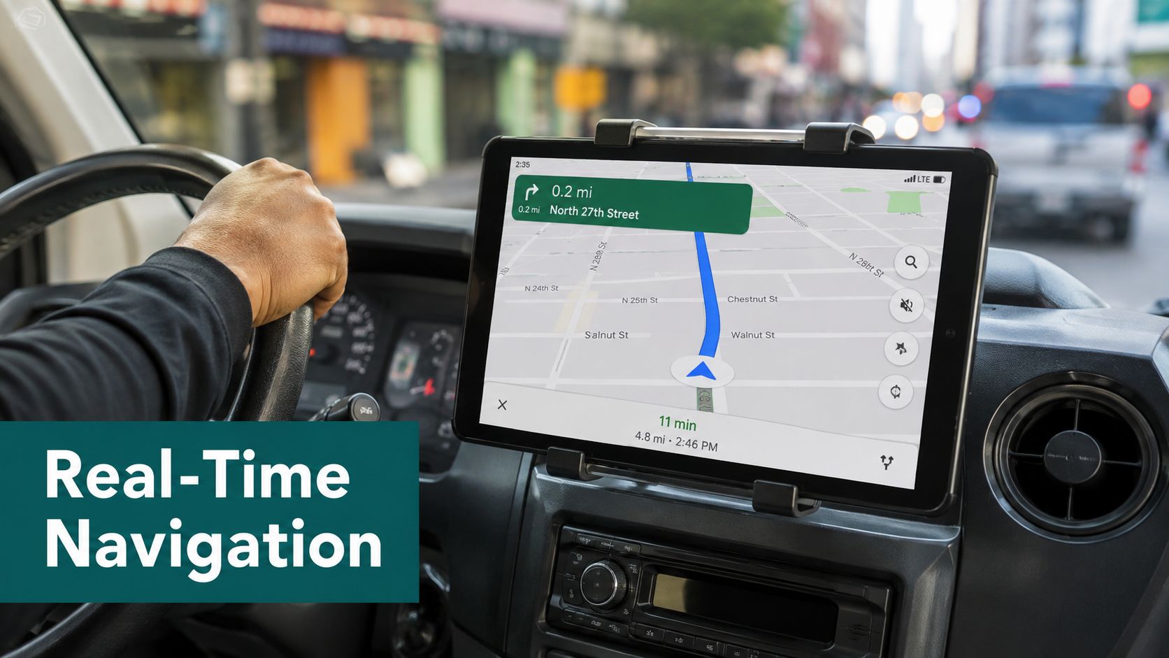 A driver using a tablet mounted in a vehicle for real-time GPS map navigation while driving.