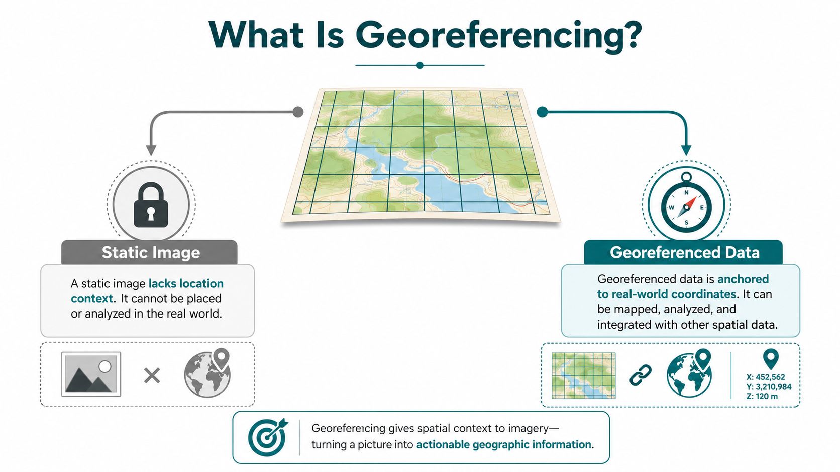 A diagram explaining georeferencing by contrasting a static image with georeferenced data tied to real-world coordinates.