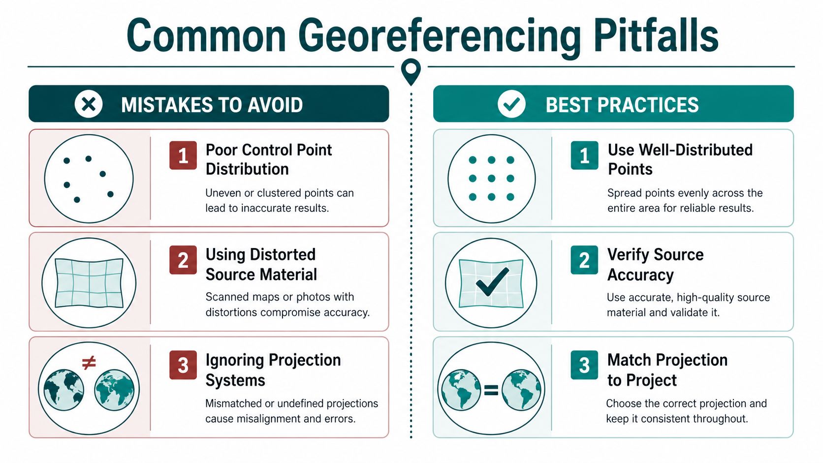An infographic titled Common Georeferencing Pitfalls comparing three mistakes to avoid against three recommended best practices.