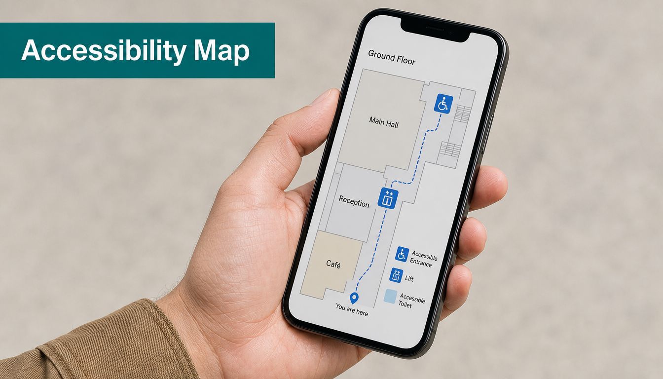 A hand holding a smartphone showing an accessibility map of a ground floor building layout.