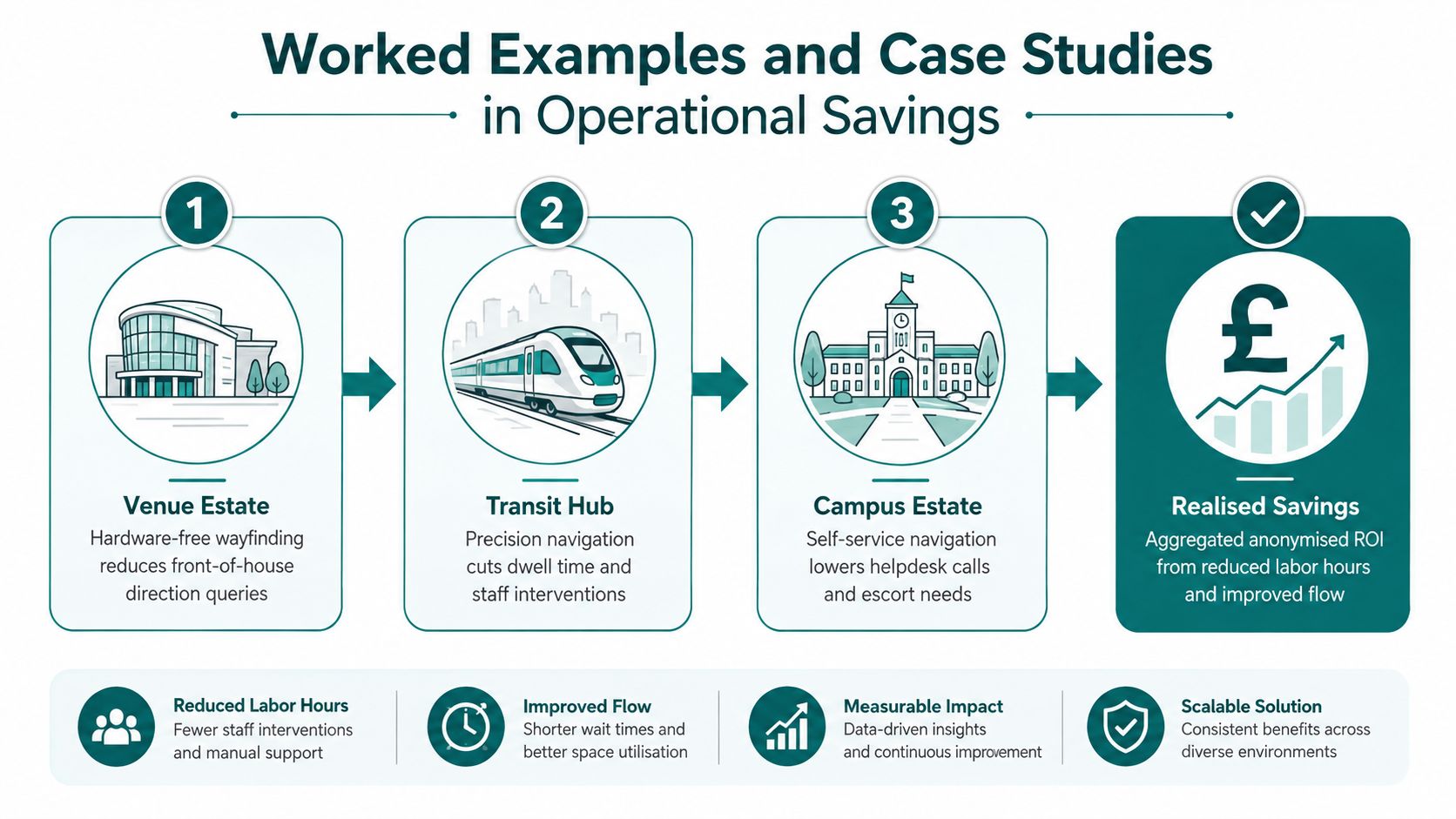 A diagram illustrating operational cost savings through case studies in venue, transit, and campus environments.
