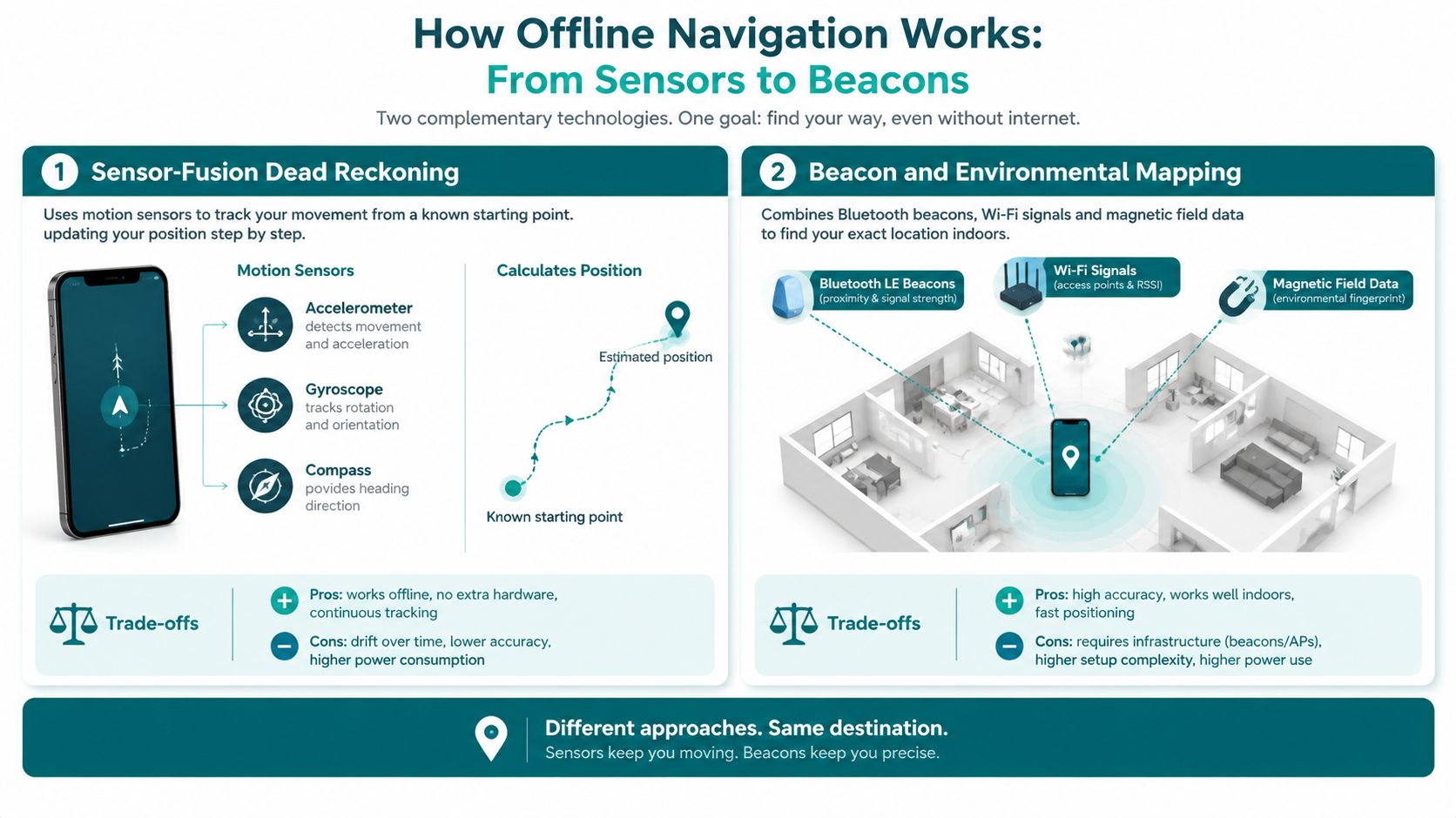 An infographic showing two methods for offline navigation using motion sensors or indoor infrastructure beacons.