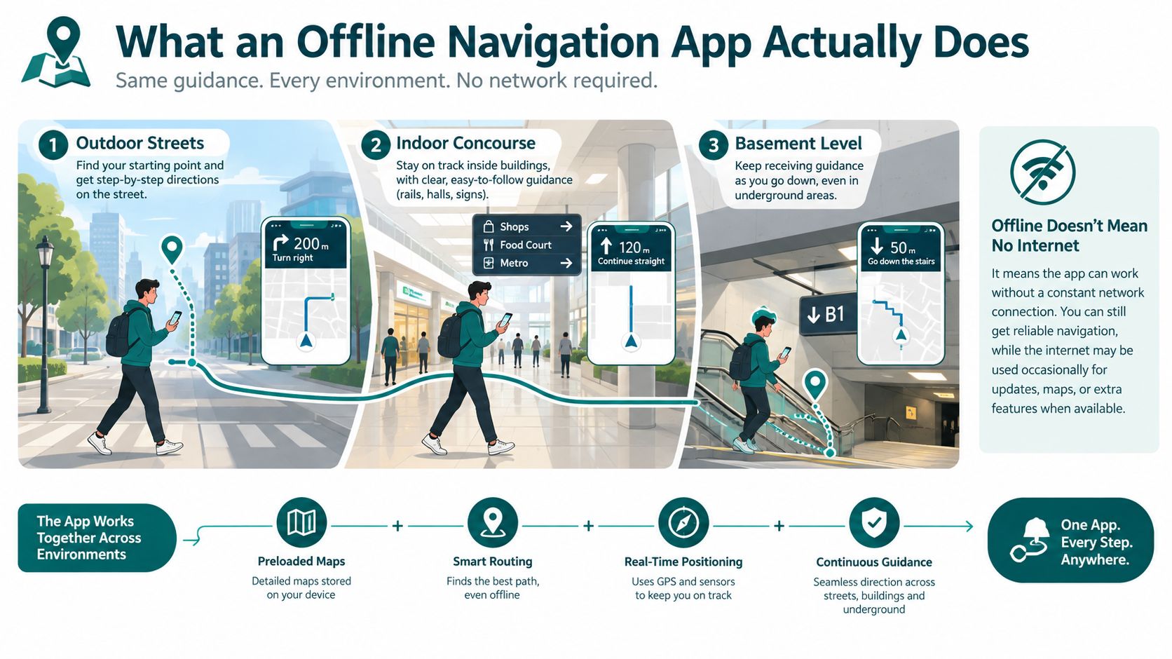 An infographic showing how an offline navigation app provides continuous step-by-step directions indoors, outdoors, and underground.