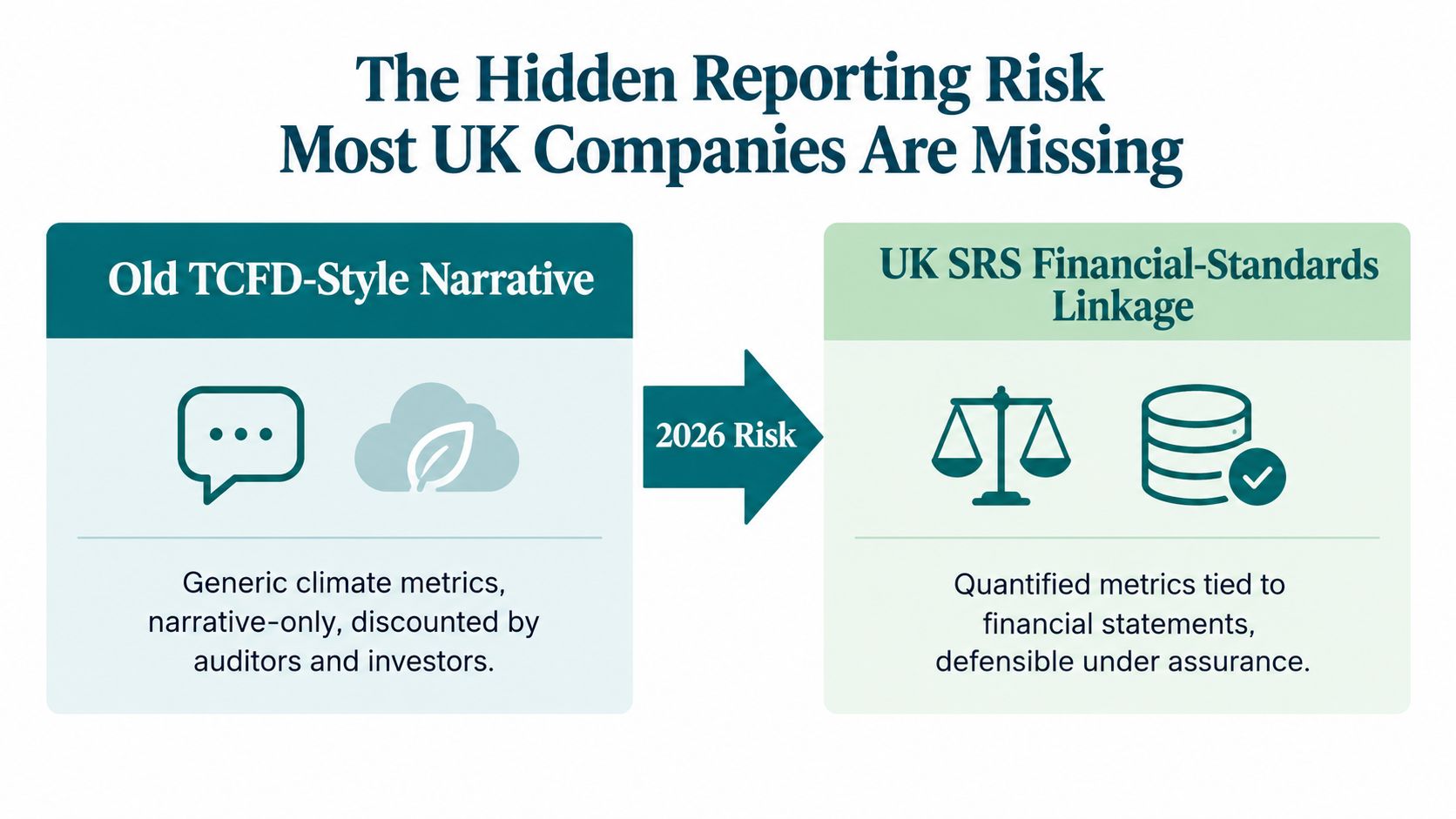 A comparative graphic illustrating the shift from narrative-based climate reporting to financial-standards linked metrics for UK companies.