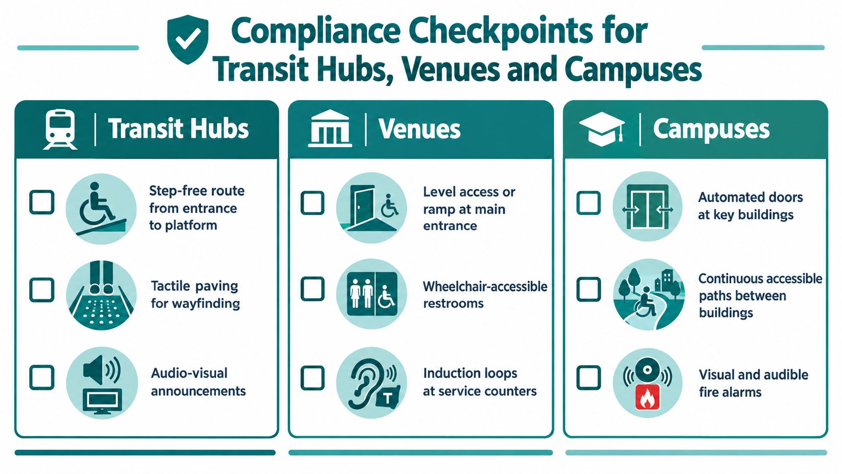 An infographic showing accessibility compliance checkpoints for transit hubs, venues, and campuses with icons for each category.