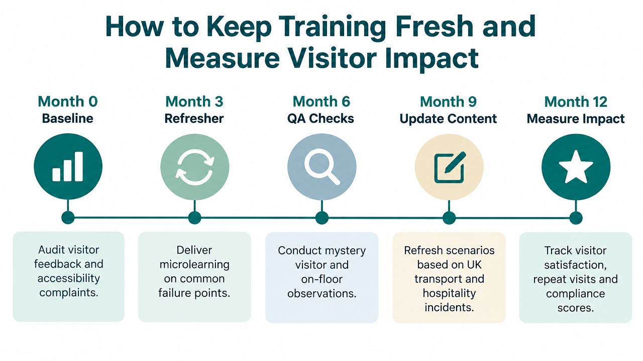 A 12-month roadmap infographic for training maintenance and measuring visitor impact on accessibility and service quality.