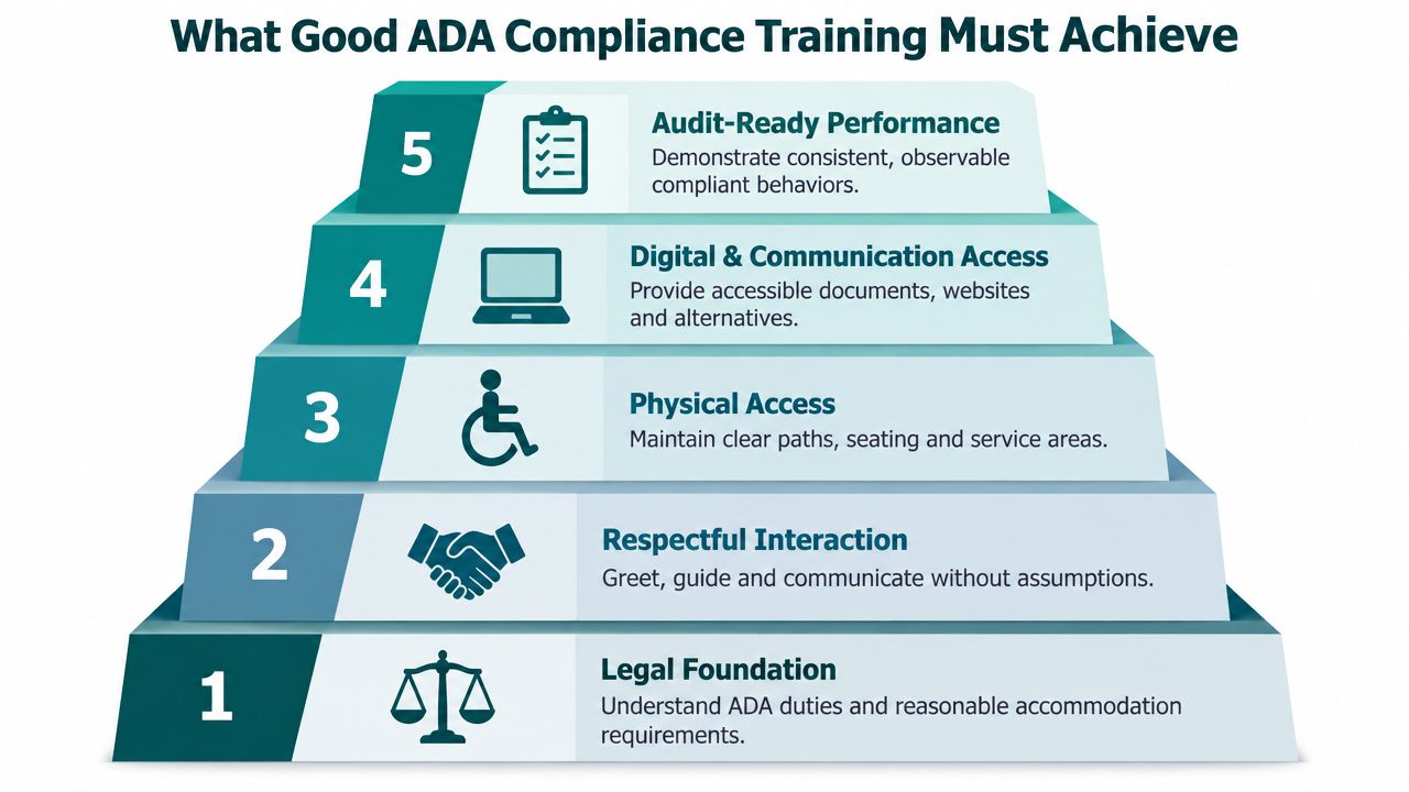 A five-level pyramid infographic titled What Good ADA Compliance Training Must Achieve, listing essential training goals.