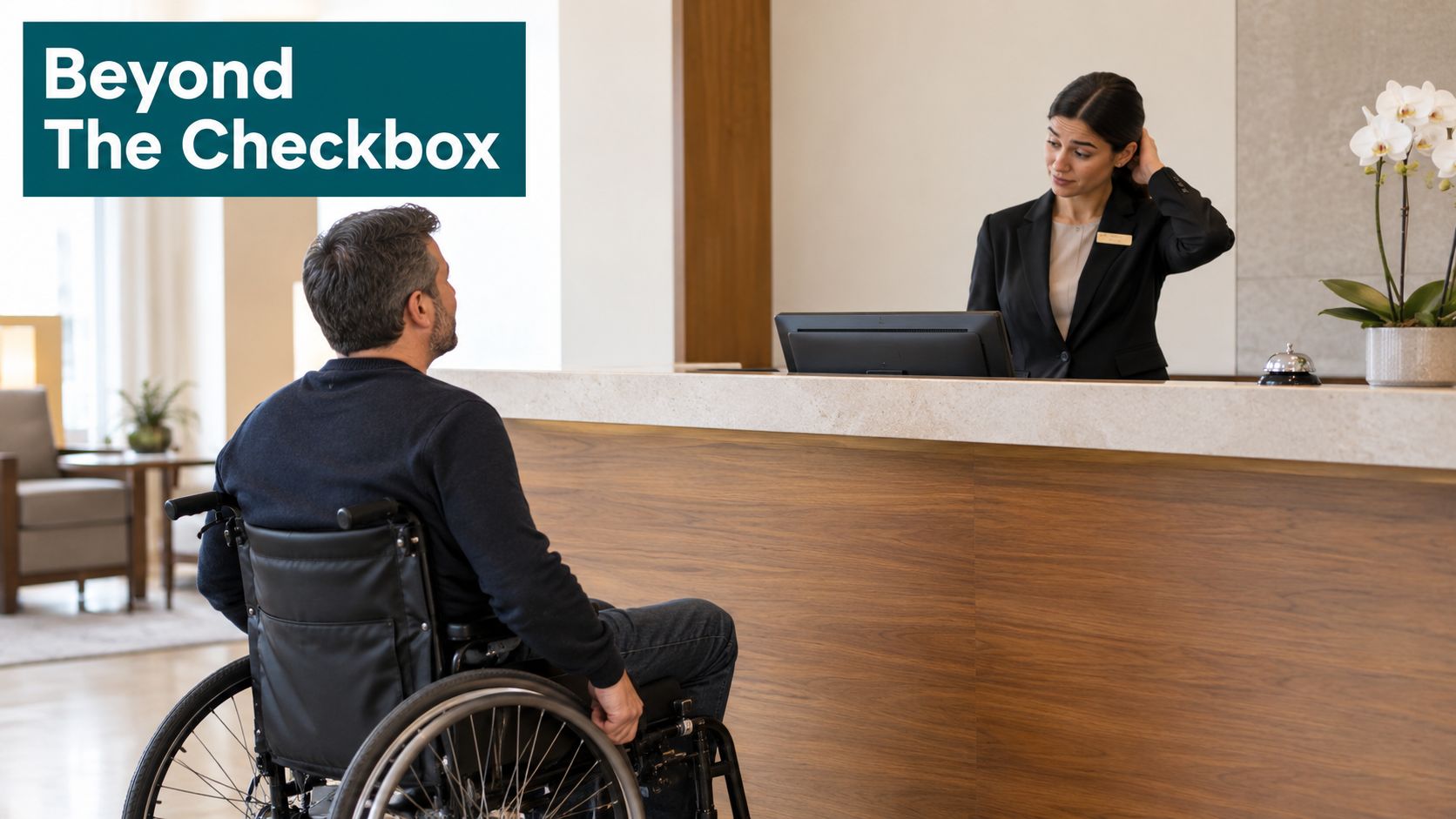 A hotel receptionist assisting a guest who is using a wheelchair at the lobby reception desk.
