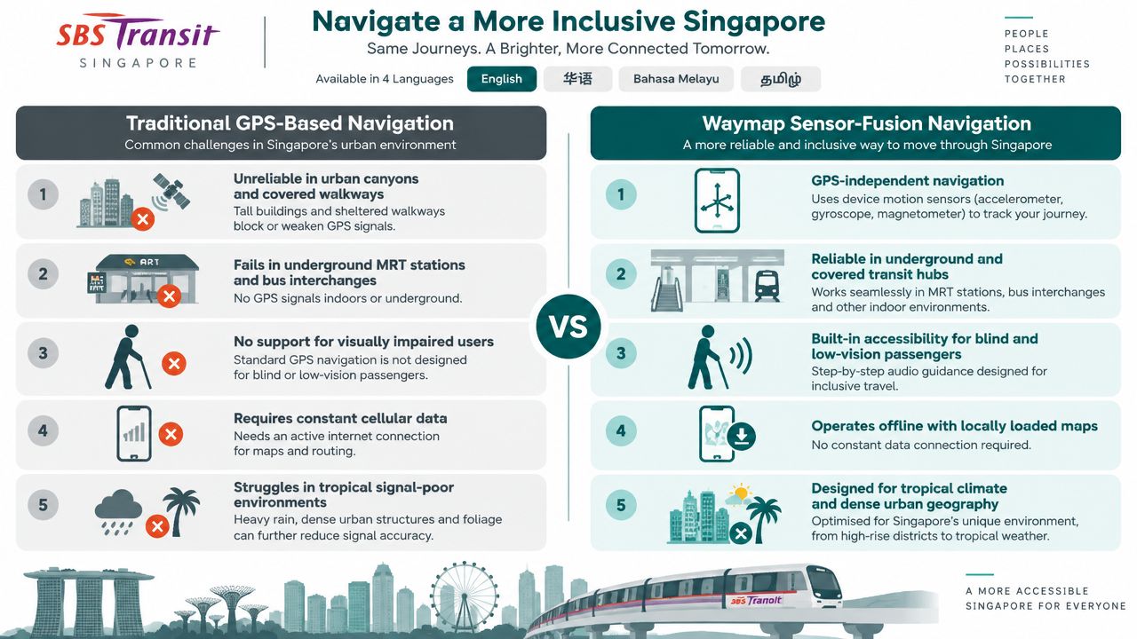 A comparison infographic between traditional GPS navigation and Waymap sensor-fusion technology for navigating urban environments in Singapore.