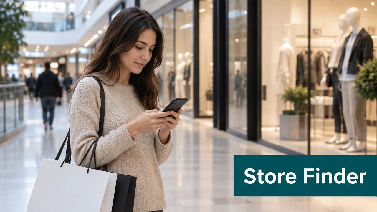 A young woman shopping at a mall, looking at a smartphone to use a store finder app.
