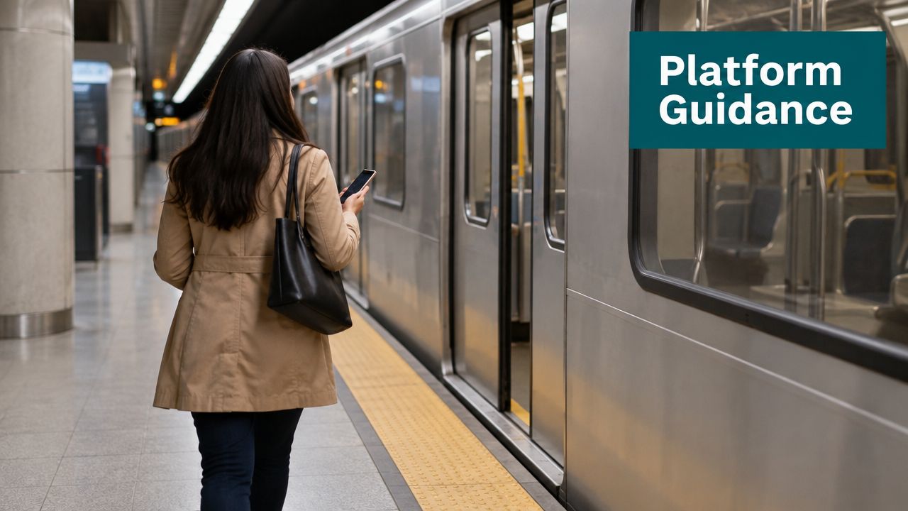 A woman walks on a subway station platform carrying a bag while looking at her smartphone.