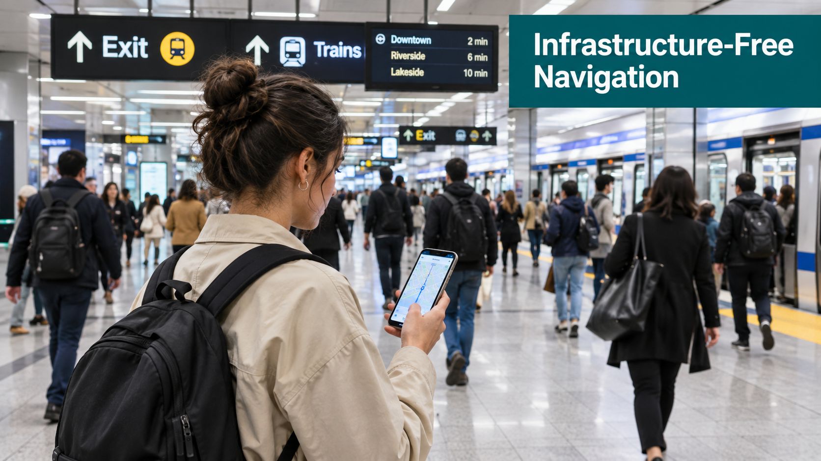 A young woman uses a smartphone for navigation in a crowded, modern underground train station terminal.