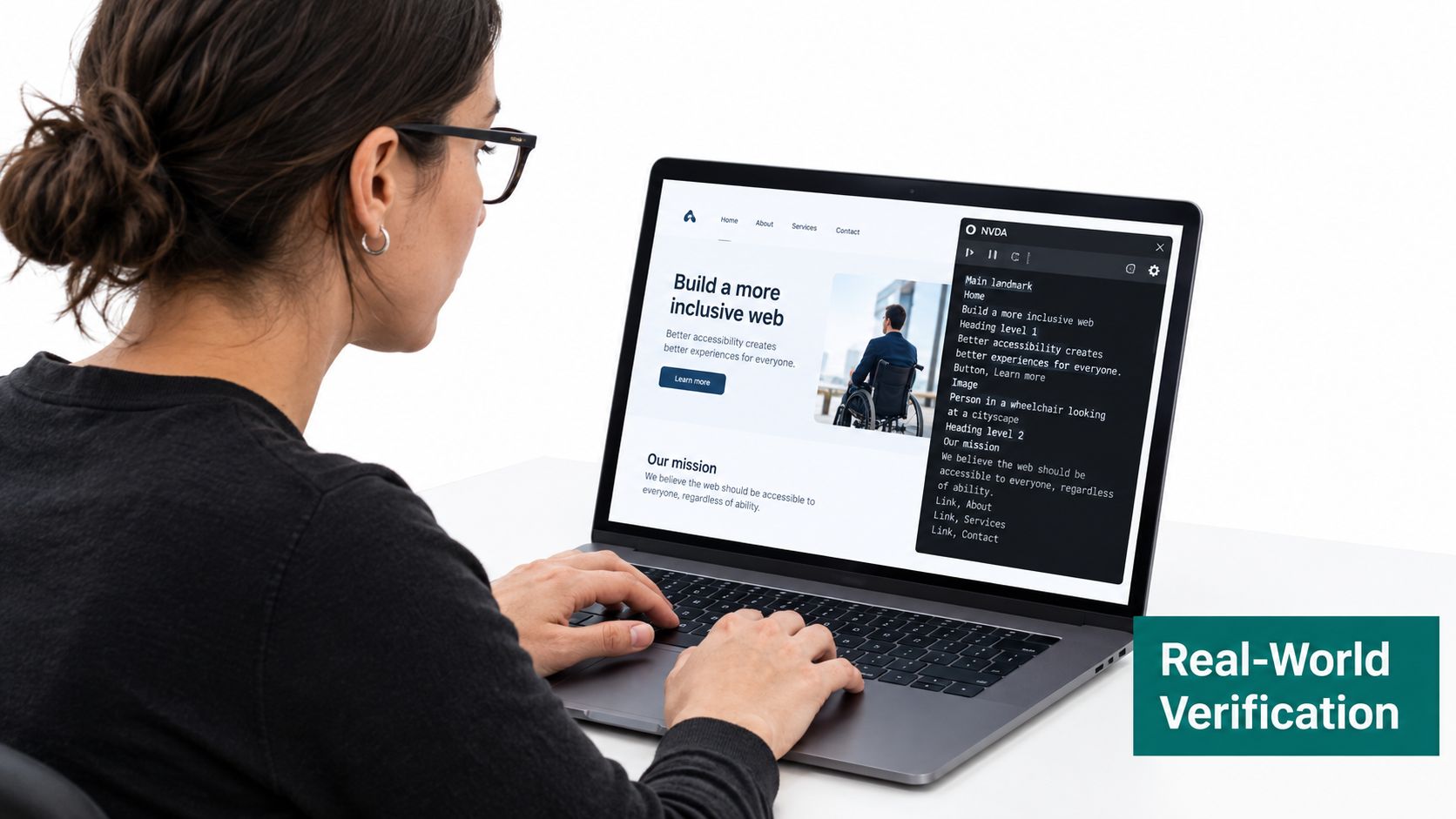 A woman using a laptop with NVDA screen reader software for 508 accessibility compliance testing.