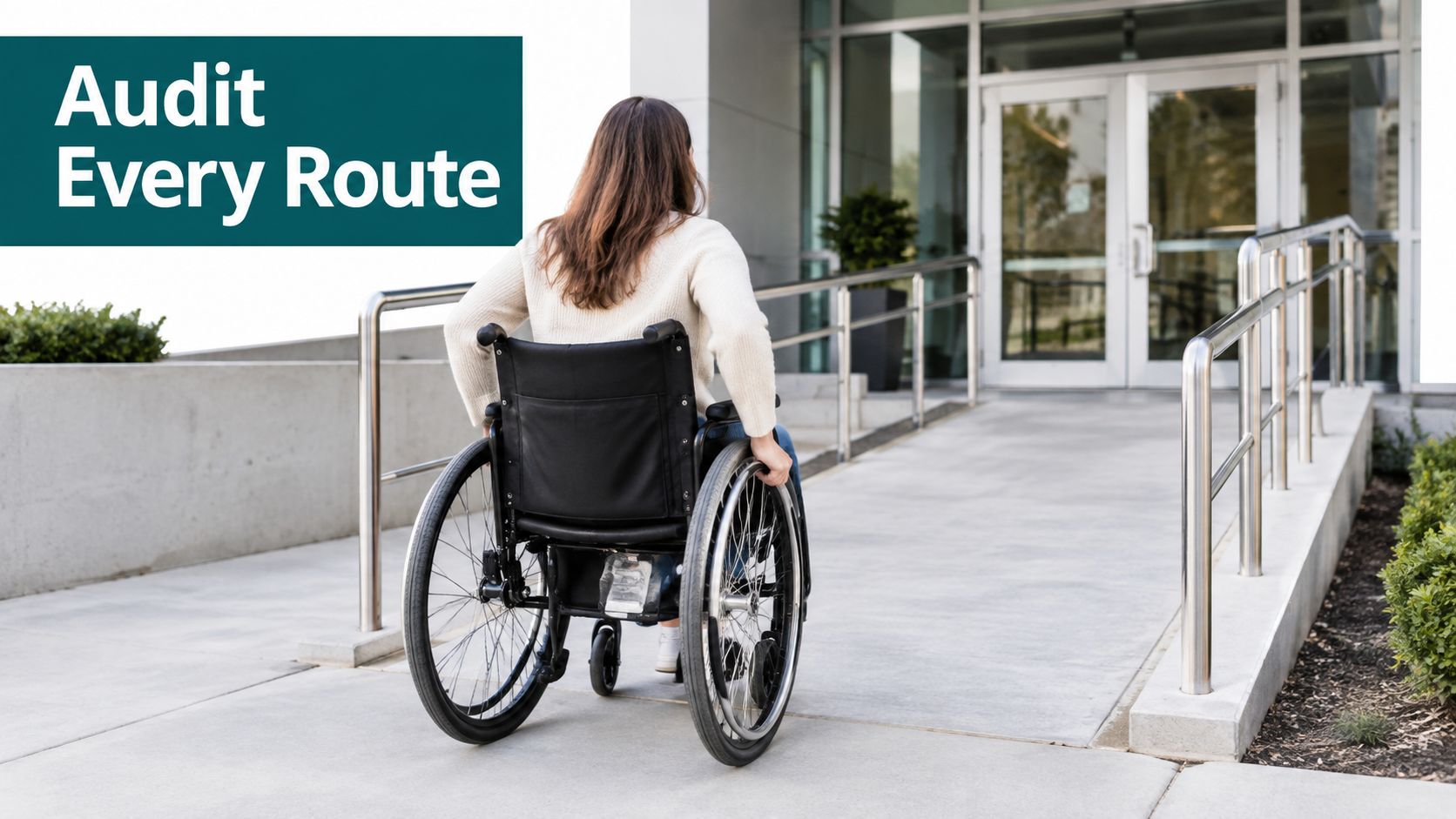 A woman in a wheelchair navigating a ramp to enter a modern building office entrance.