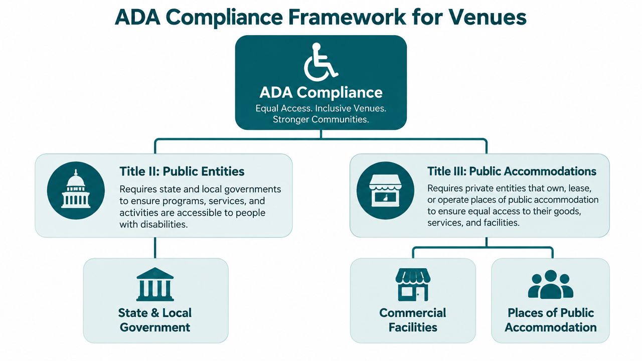 An organizational chart showing ADA compliance framework for public entities, commercial facilities, and places of public accommodation.